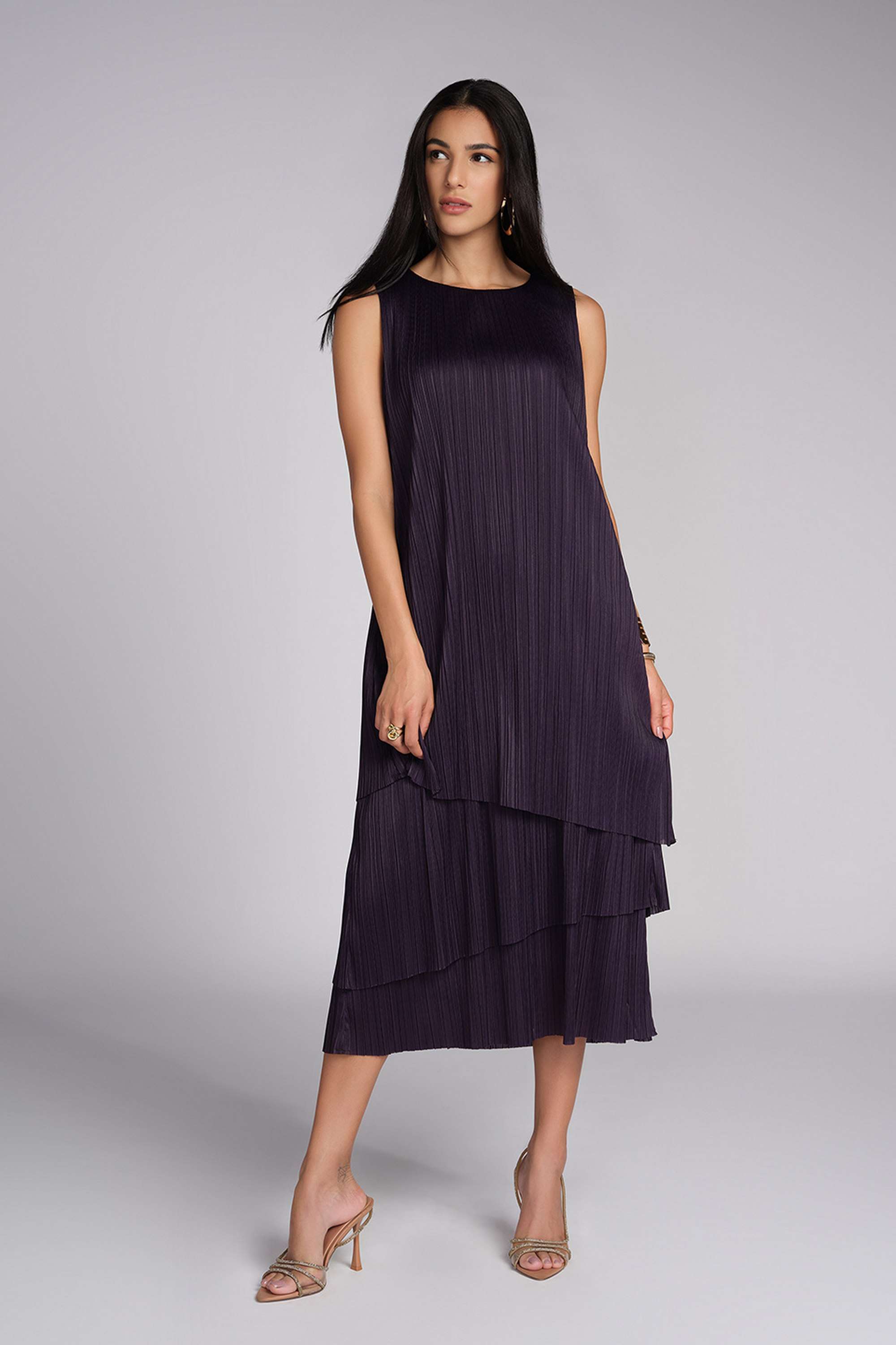 Textured-Boat-Neck-Polyester-Women-s-Calf-Length-Dress