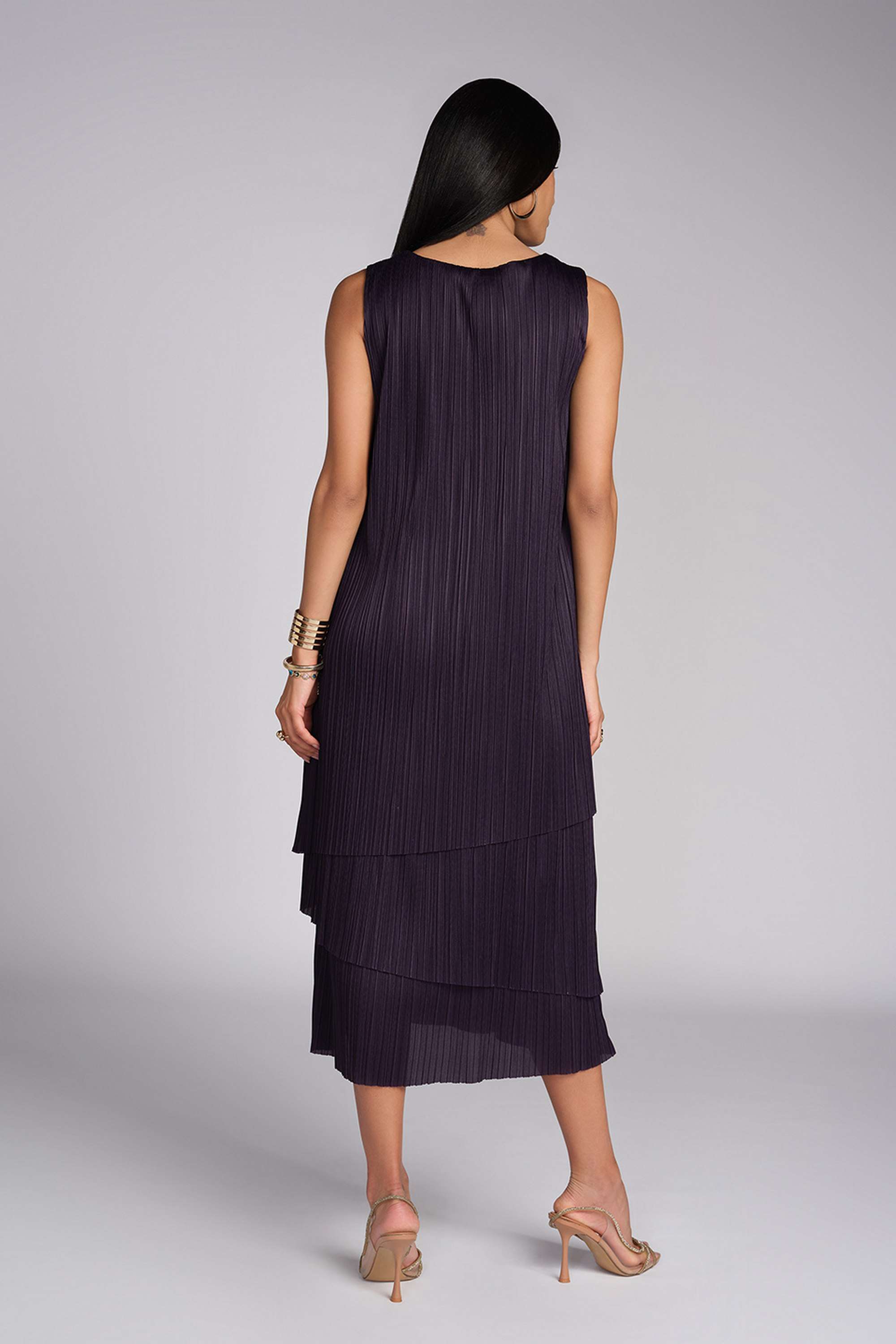 Textured-Boat-Neck-Polyester-Women-s-Calf-Length-Dress