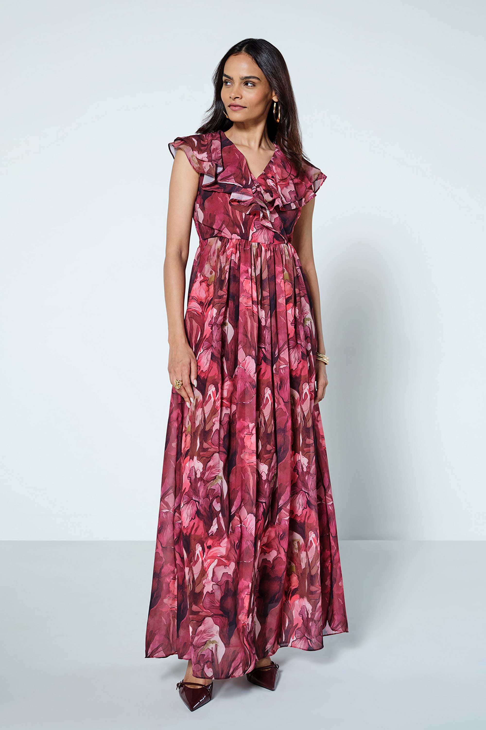 Floral-V-Neck-Polyester-Women-s-Gown
