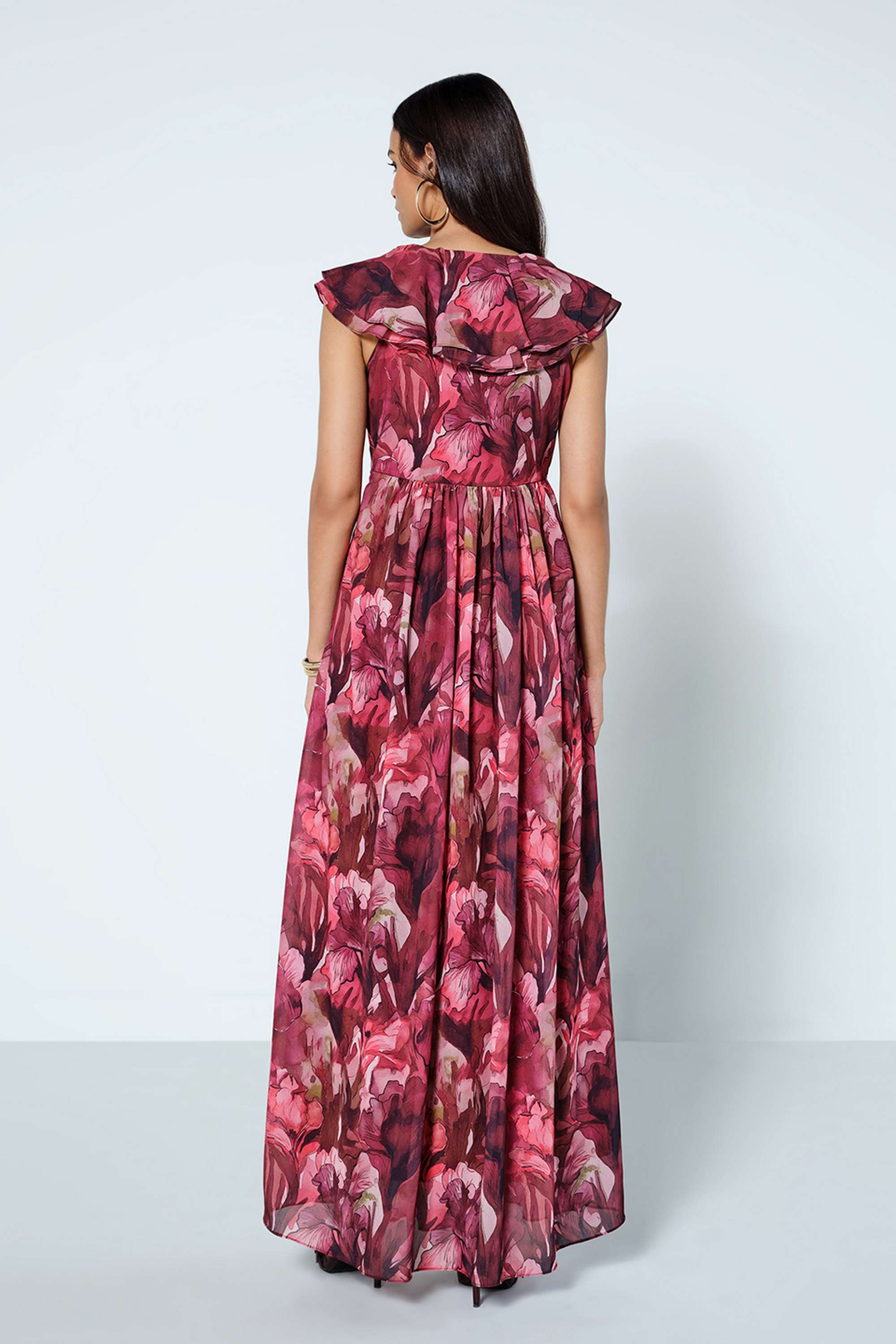 Floral-V-Neck-Polyester-Women-s-Gown