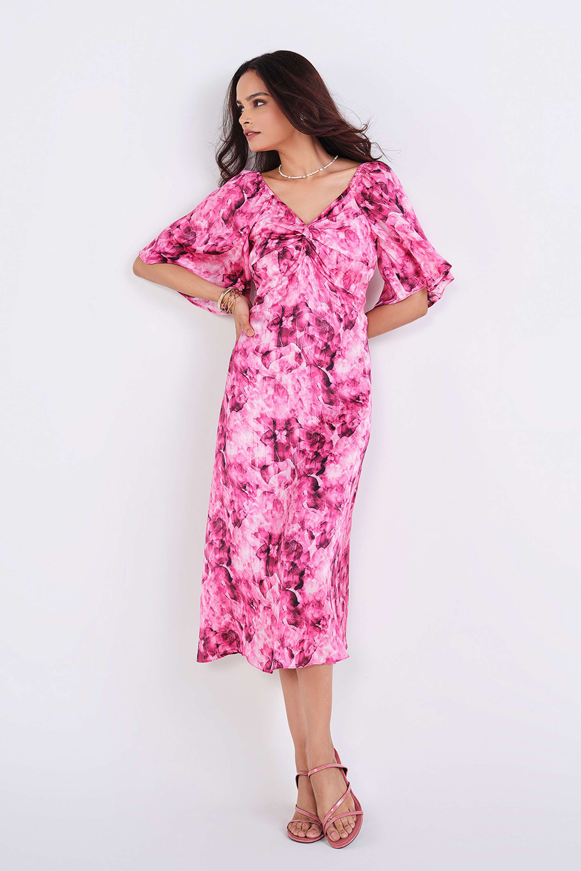 Tie-&-Dye-Polyester-V-Neck-Women-s-Midi-Dress