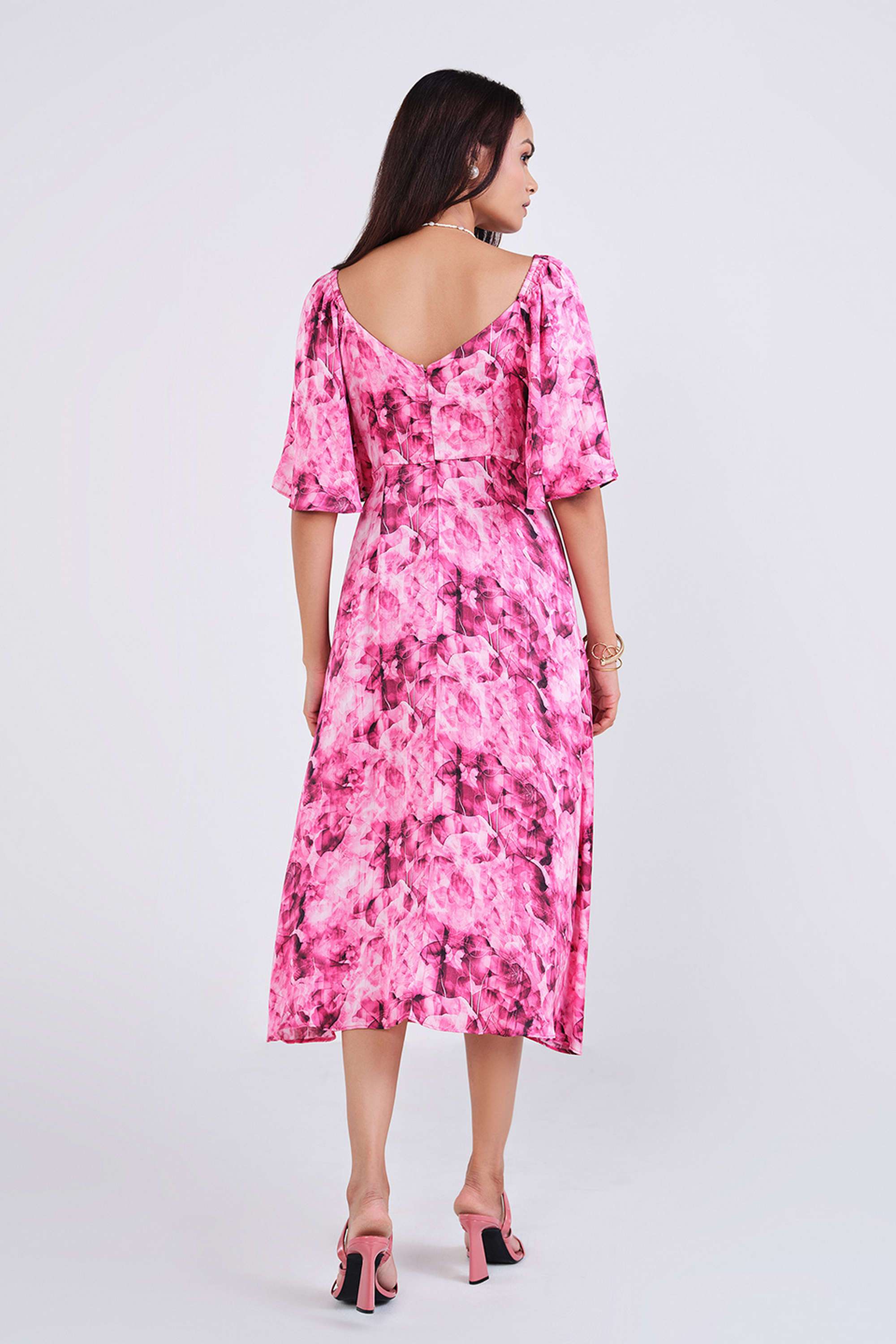 Tie-&-Dye-Polyester-V-Neck-Women-s-Midi-Dress