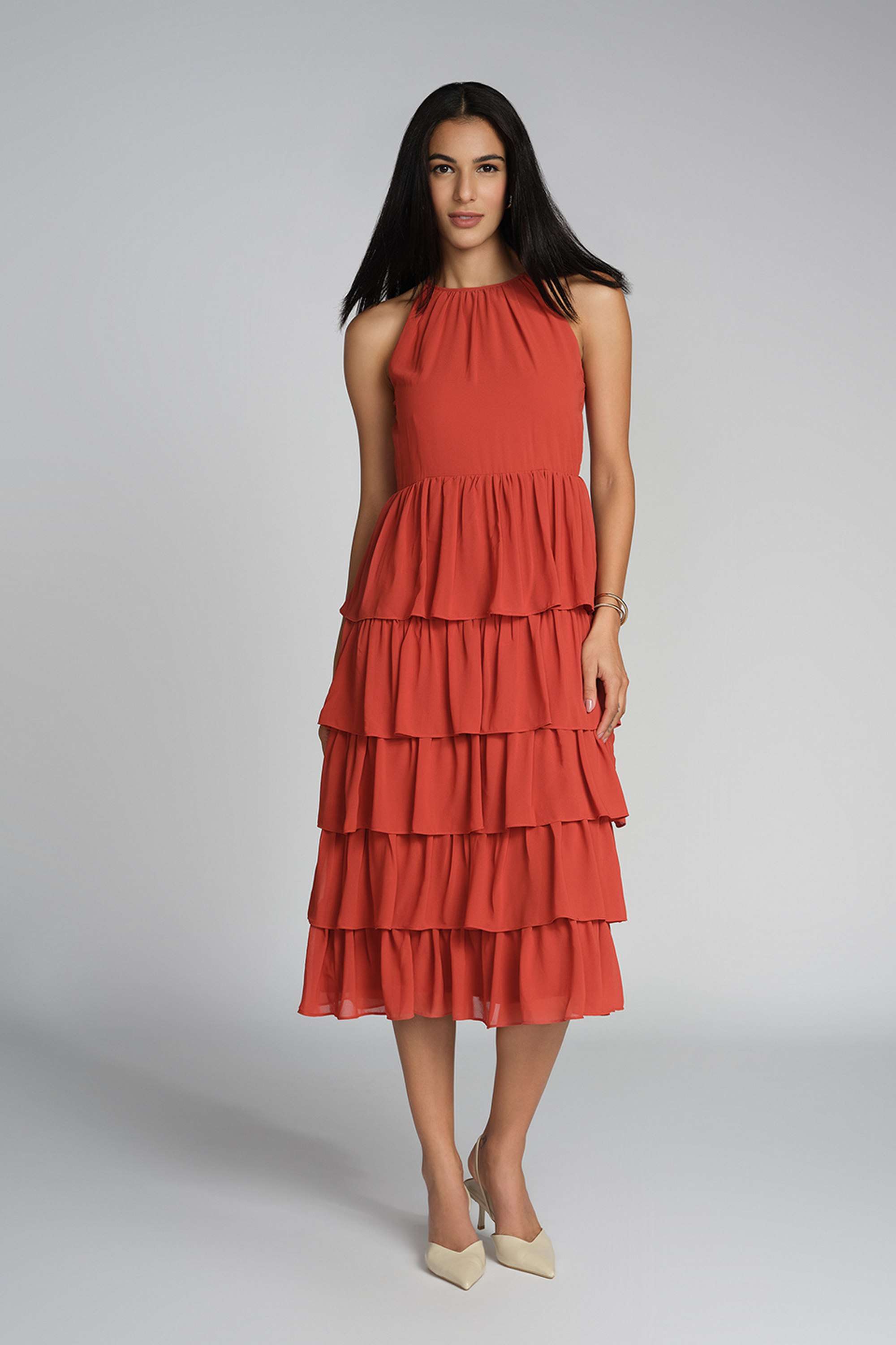 Solid-Halter-Neck-Polyester-Women-s-Calf-Length-Dress