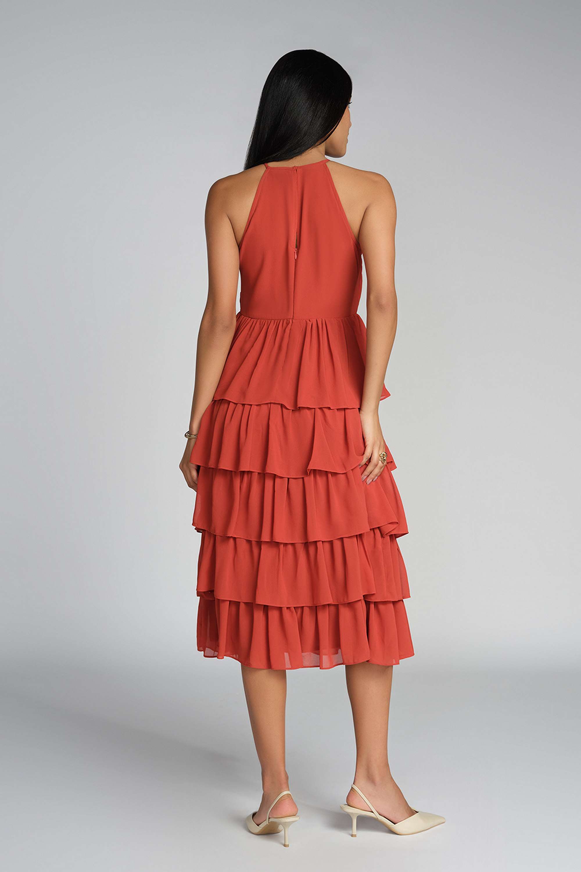 Solid-Halter-Neck-Polyester-Women-s-Calf-Length-Dress