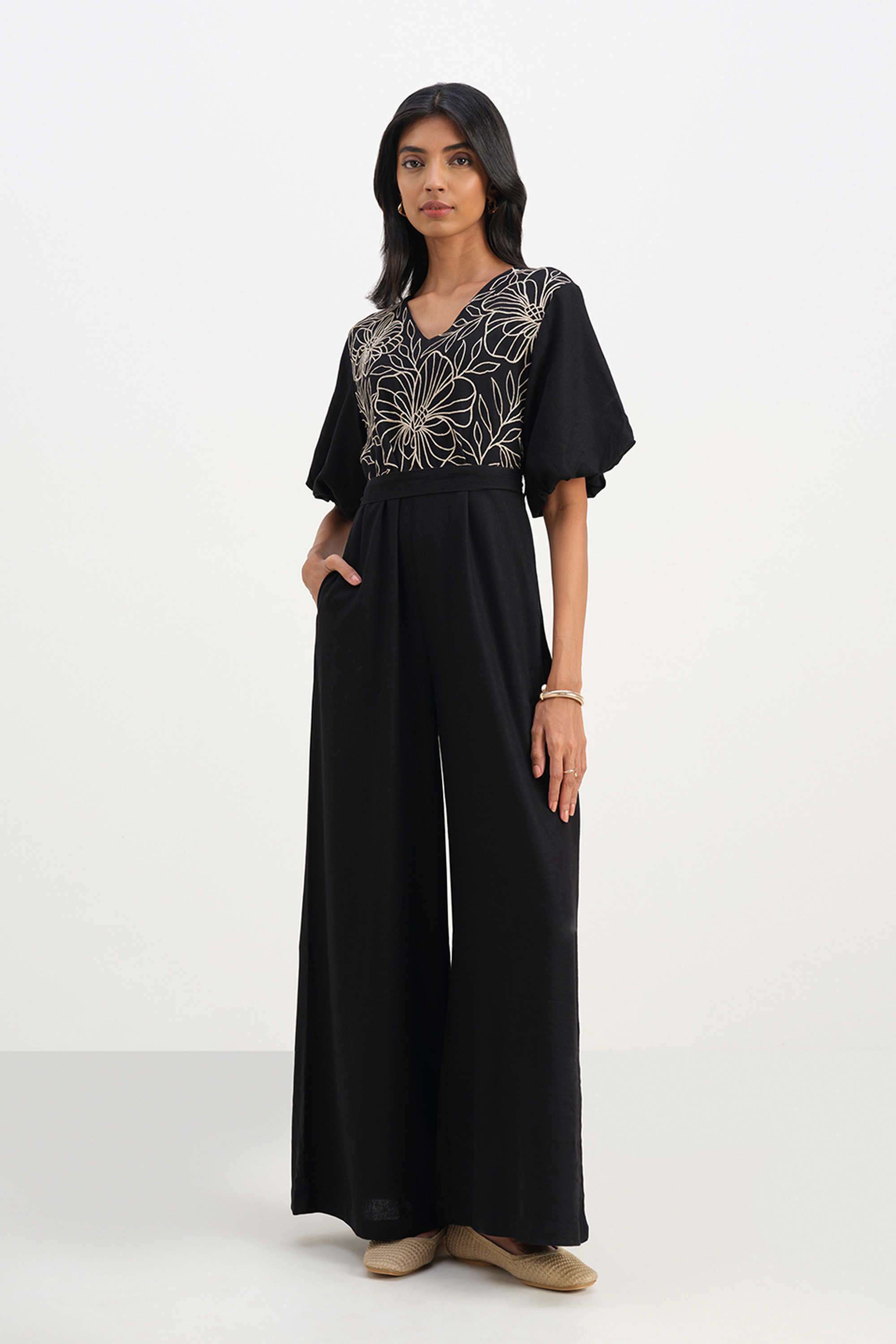 Floral-Short-Sleeves-Blended-Fabric-Women-s-Full-Length-Jumpsuit