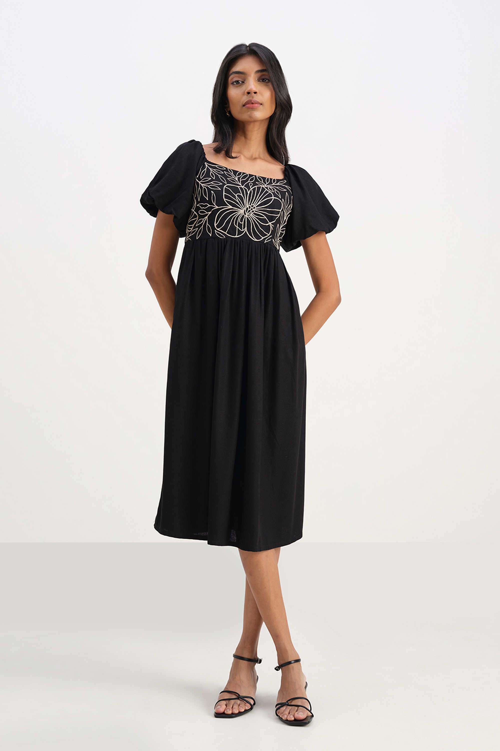 Floral-Square-Neck-Blended-Fabric-Women-s-Calf-Length-Dress