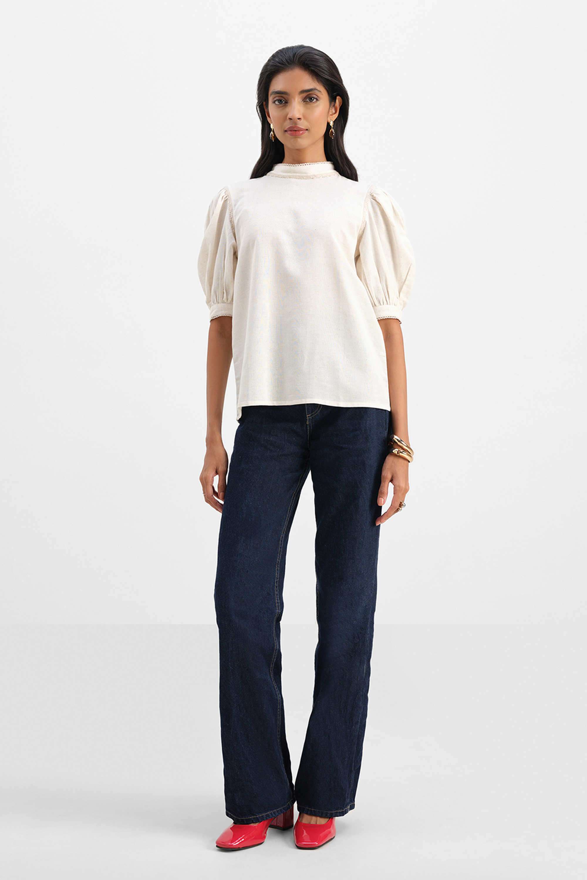 Solid-Blended-Fabric-Collared-Women-s-Top