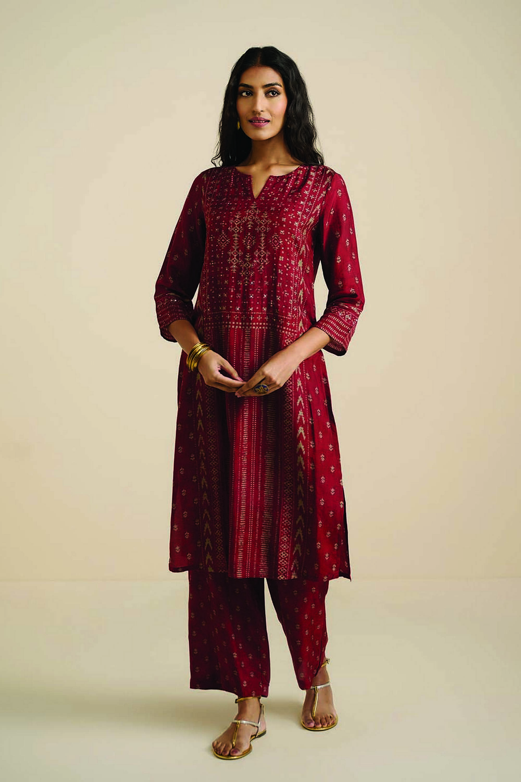 Printed-Polyester-V-Neck-Women-s-Kurta-Pant-Set