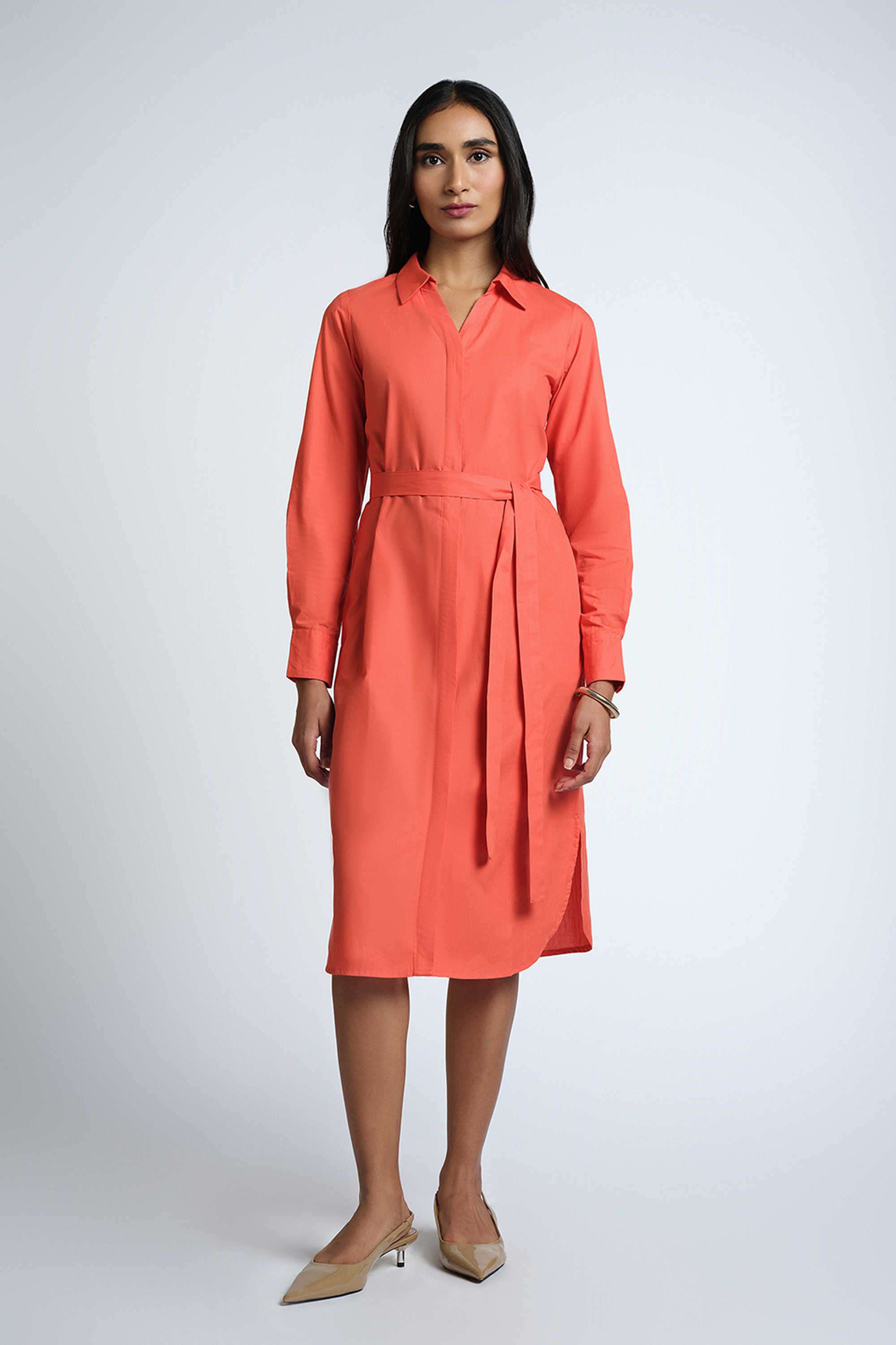 Solid-Cotton-Round-Neck-Full-Sleeves-Formal-Wear-Women-Dress