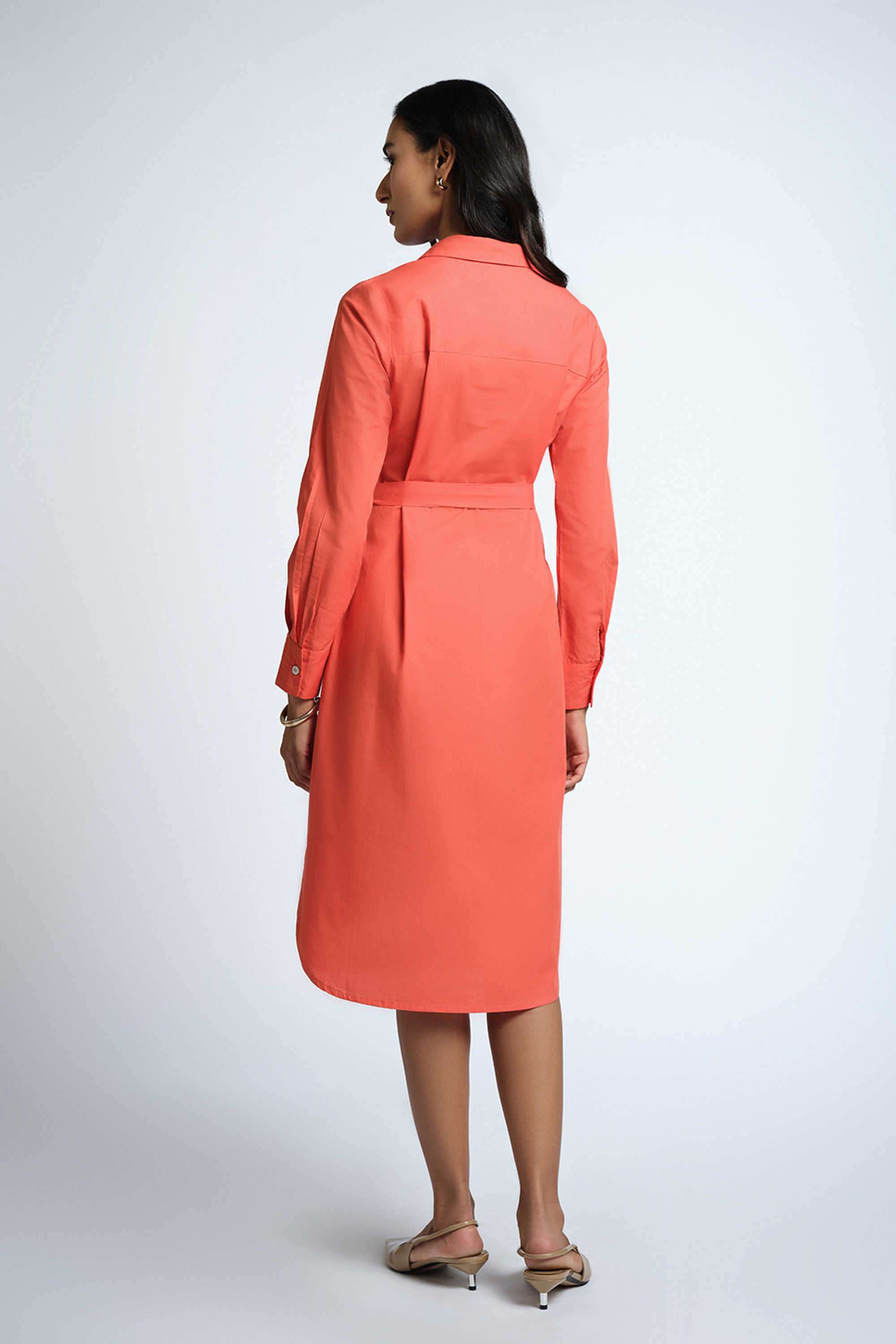 Solid-Cotton-Round-Neck-Full-Sleeves-Formal-Wear-Women-Dress