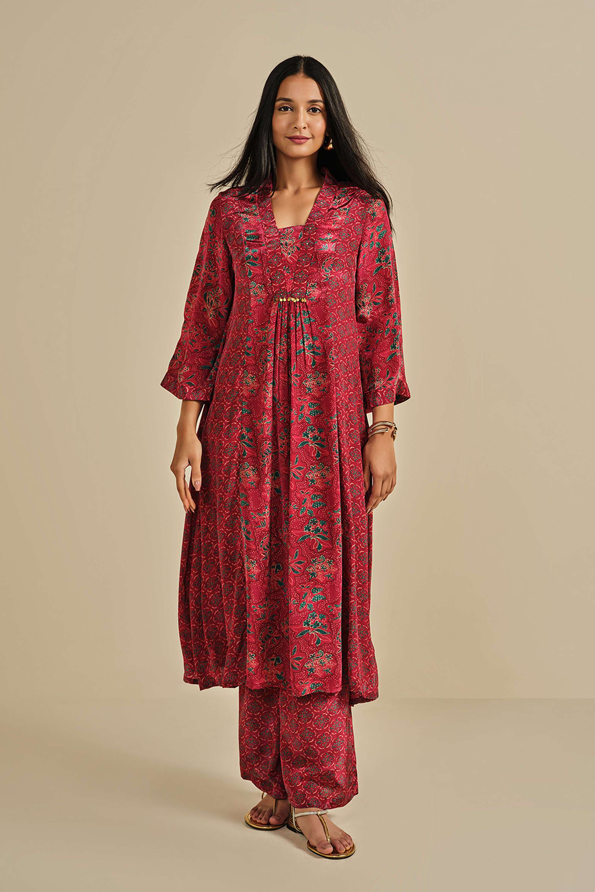 Printed-Polyester-V-Neck-Women-s-Kurta-Pant-Set