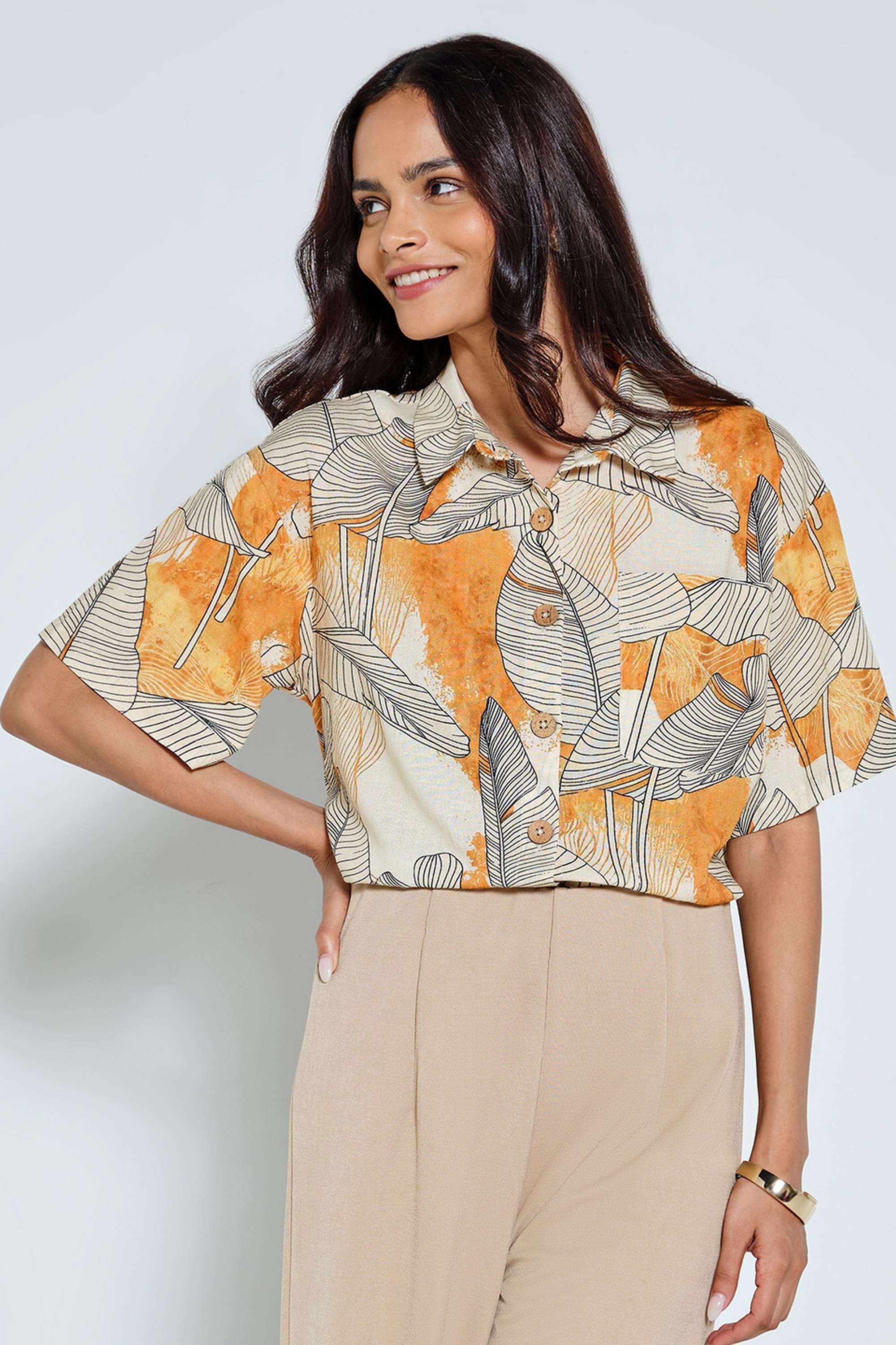 Botanical-Printed-Classic-Collar-Viscose-Blend-Women-s-Casual-Wear-Shirt