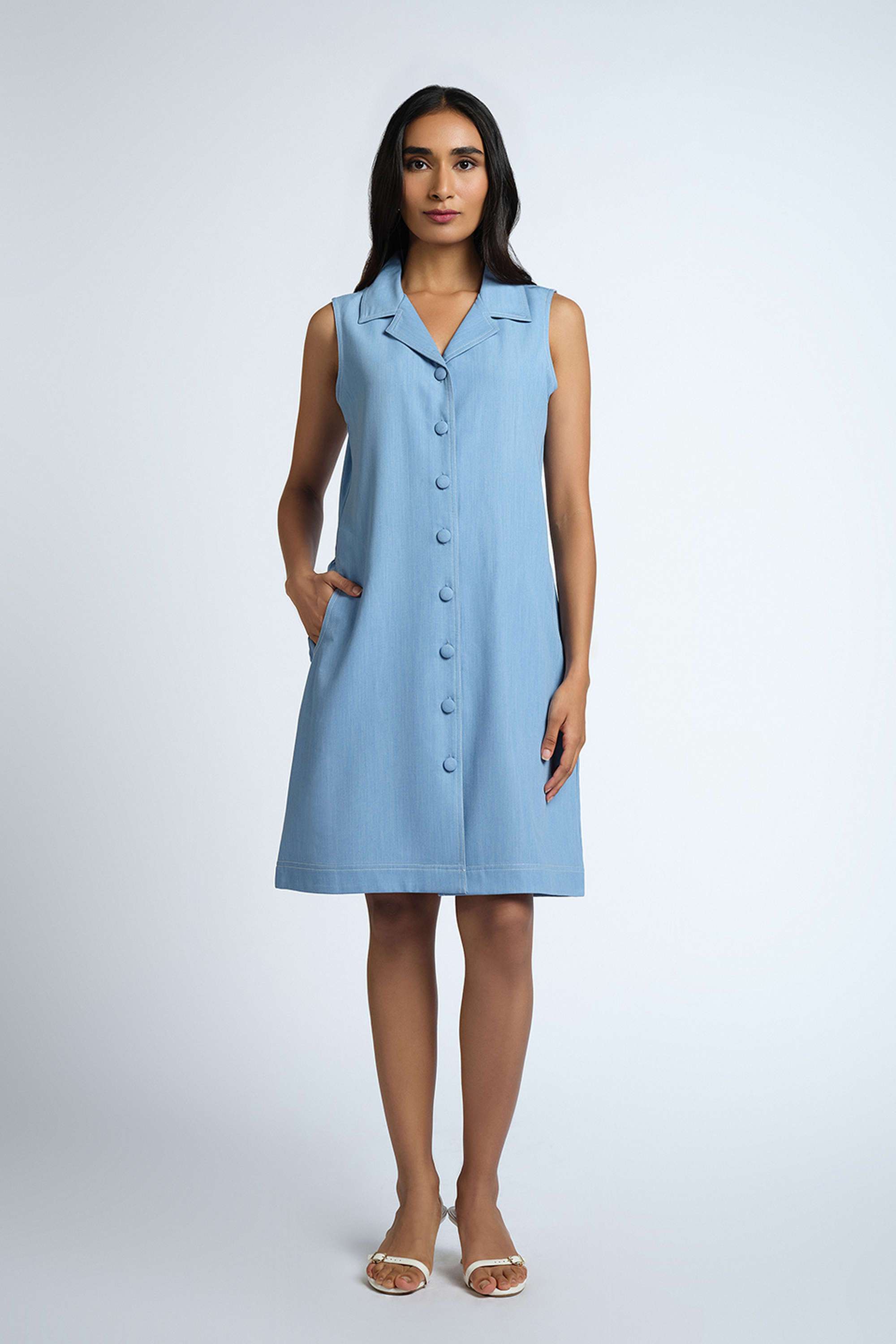 Solid-Viscose-Collared-Women-s-Knee-Length-Dress