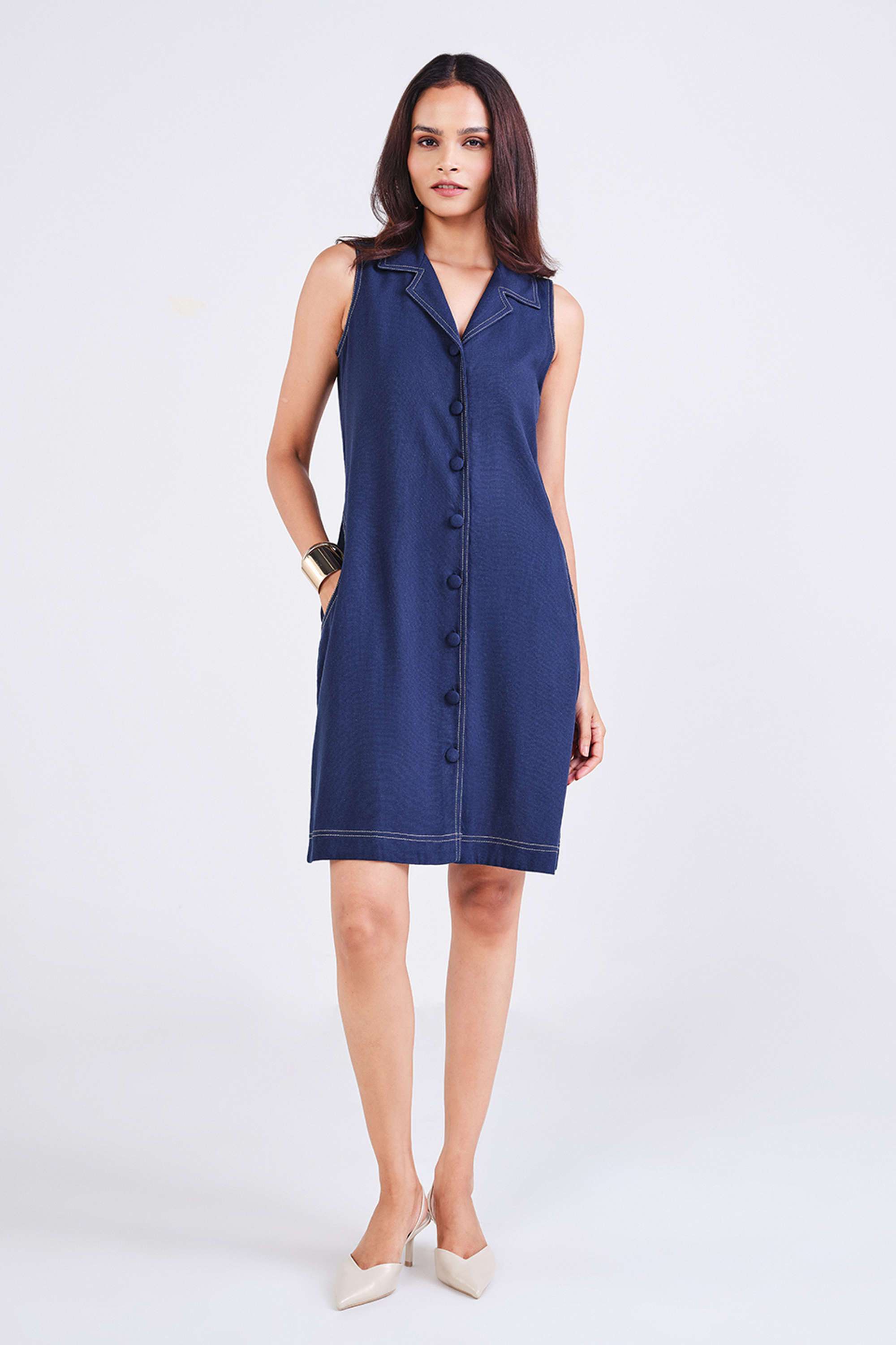 Solid-Viscose-Collared-Women-s-Knee-Length-Dress