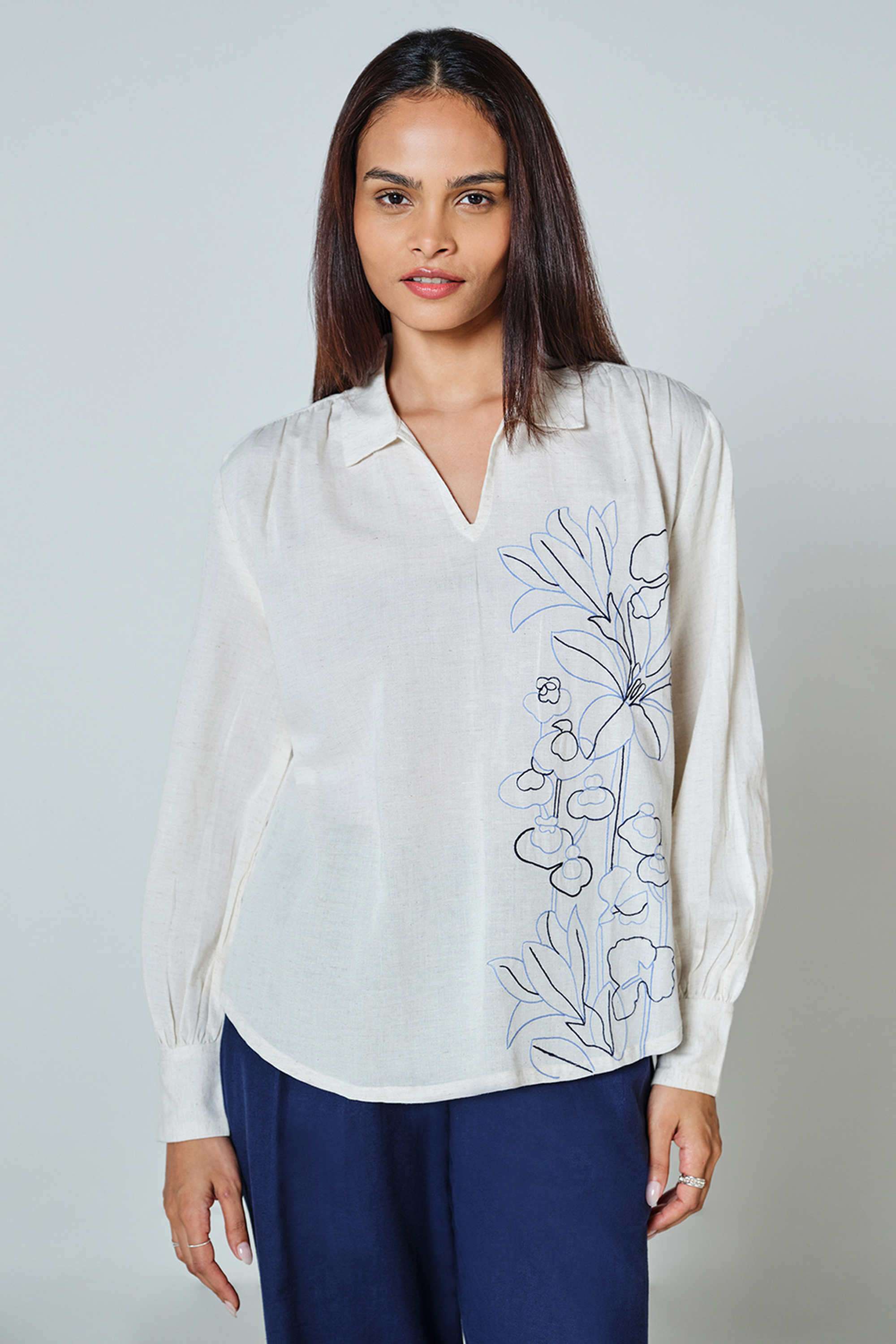 Solid-Blended-Fabric-V-Neck-Women-s-Top