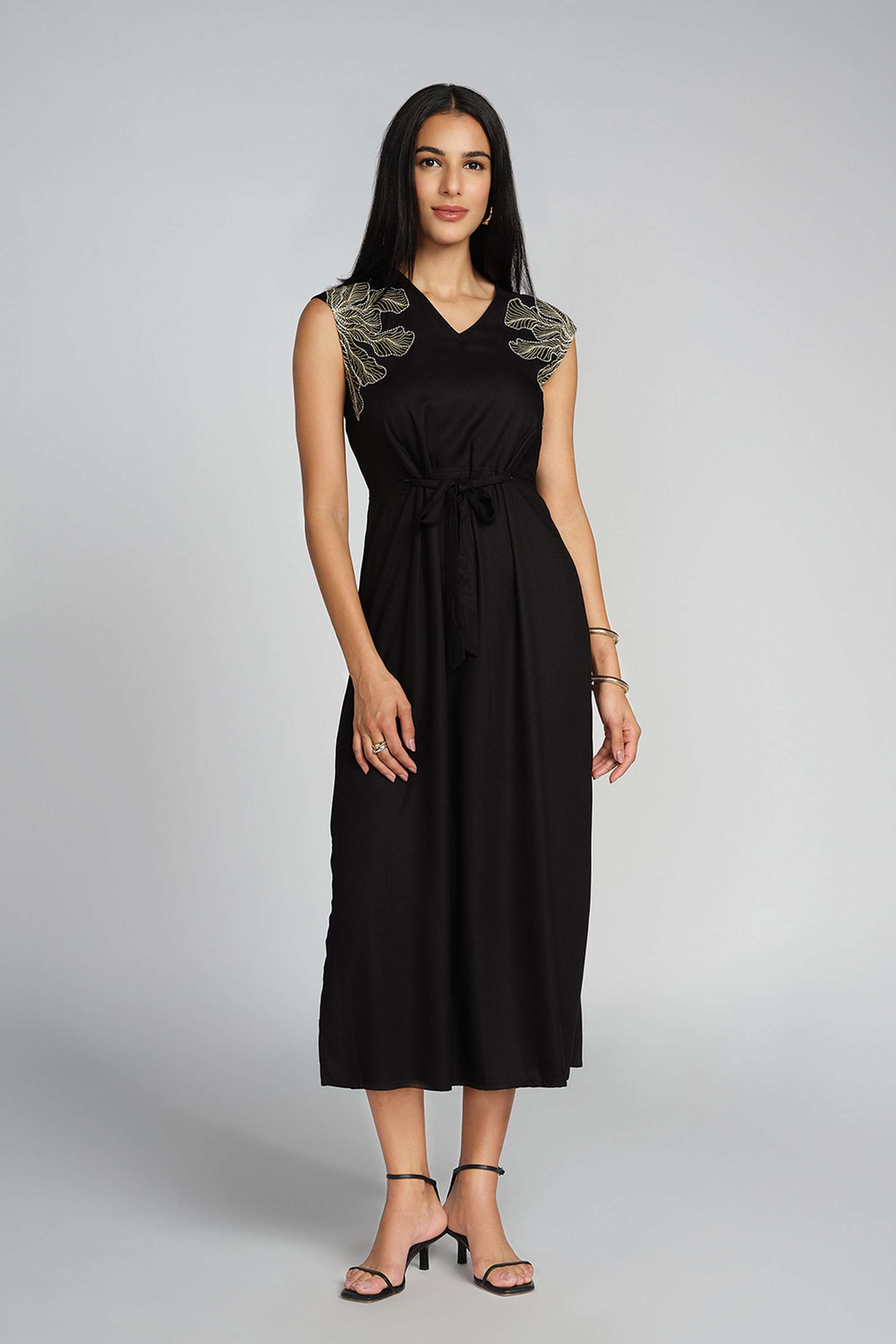 Solid-V-Neck-Viscose-Women-s-Calf-Length-Dress