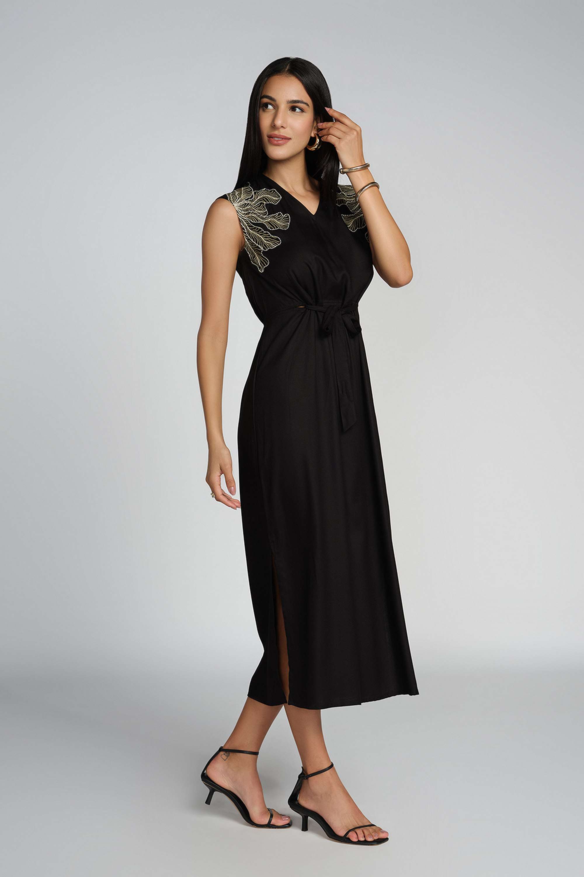 Solid-V-Neck-Viscose-Women-s-Calf-Length-Dress