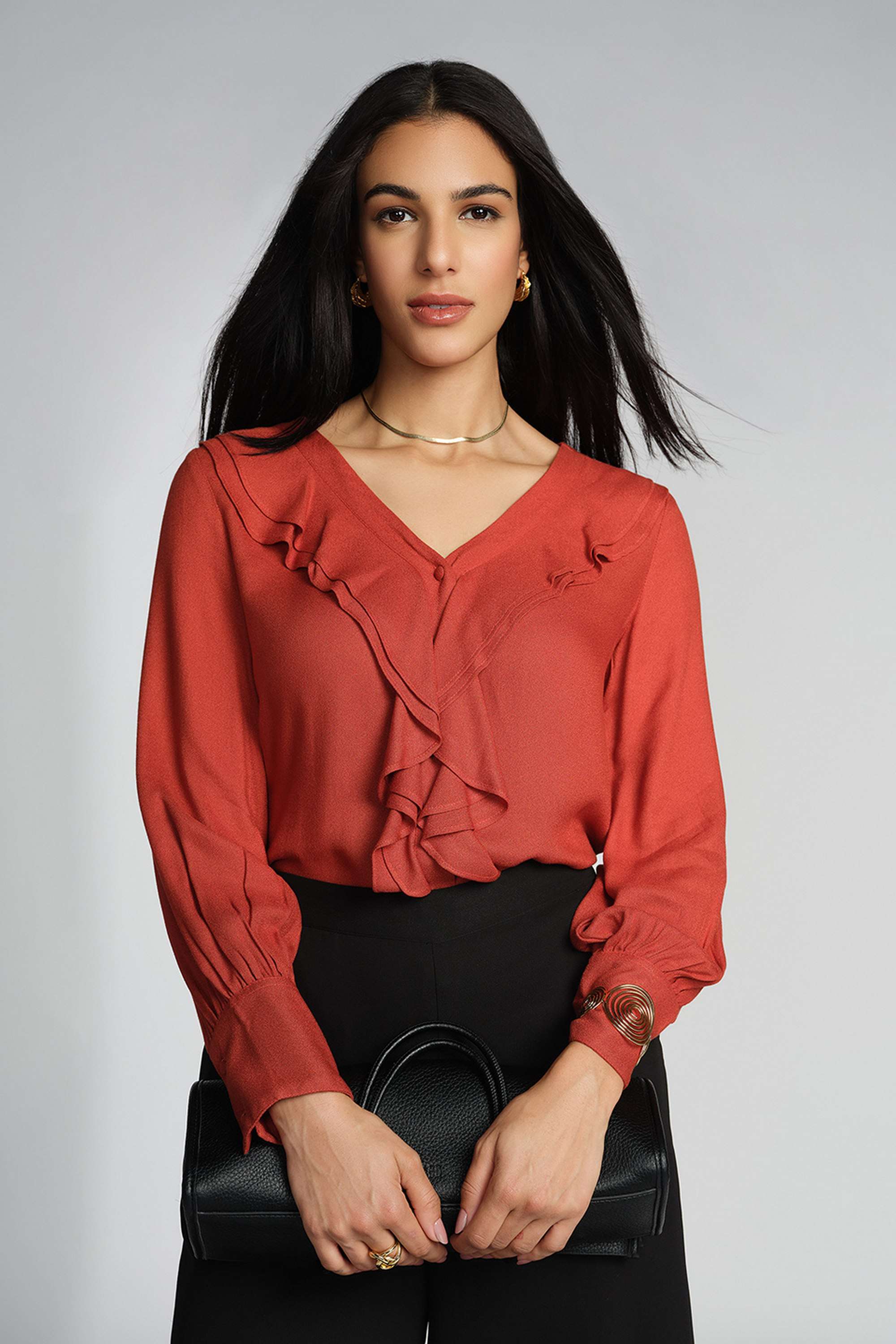 Solid-Viscose-V-Neck-Women-s-Top