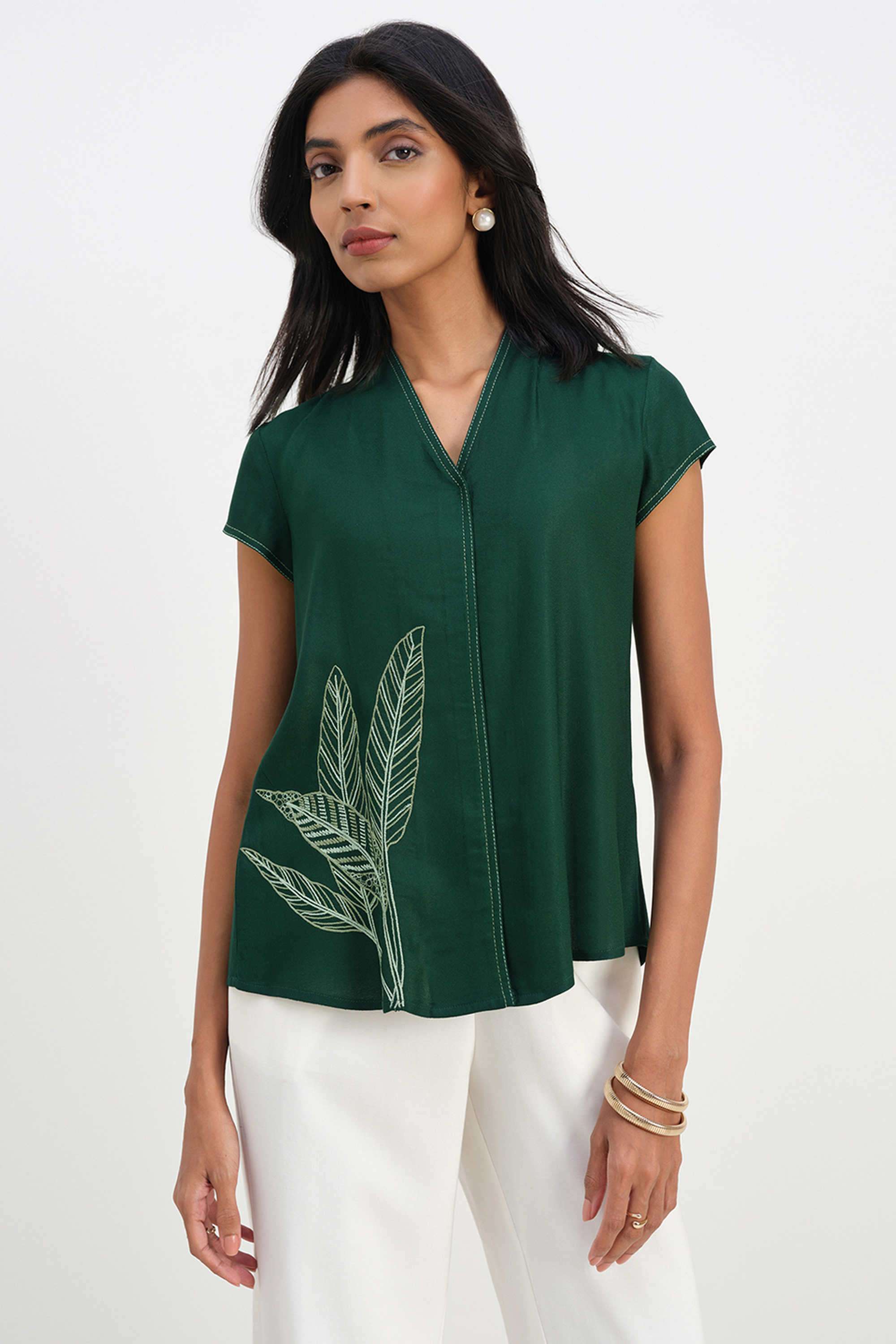 Floral-Viscose-V-Neck-Women-s-Top