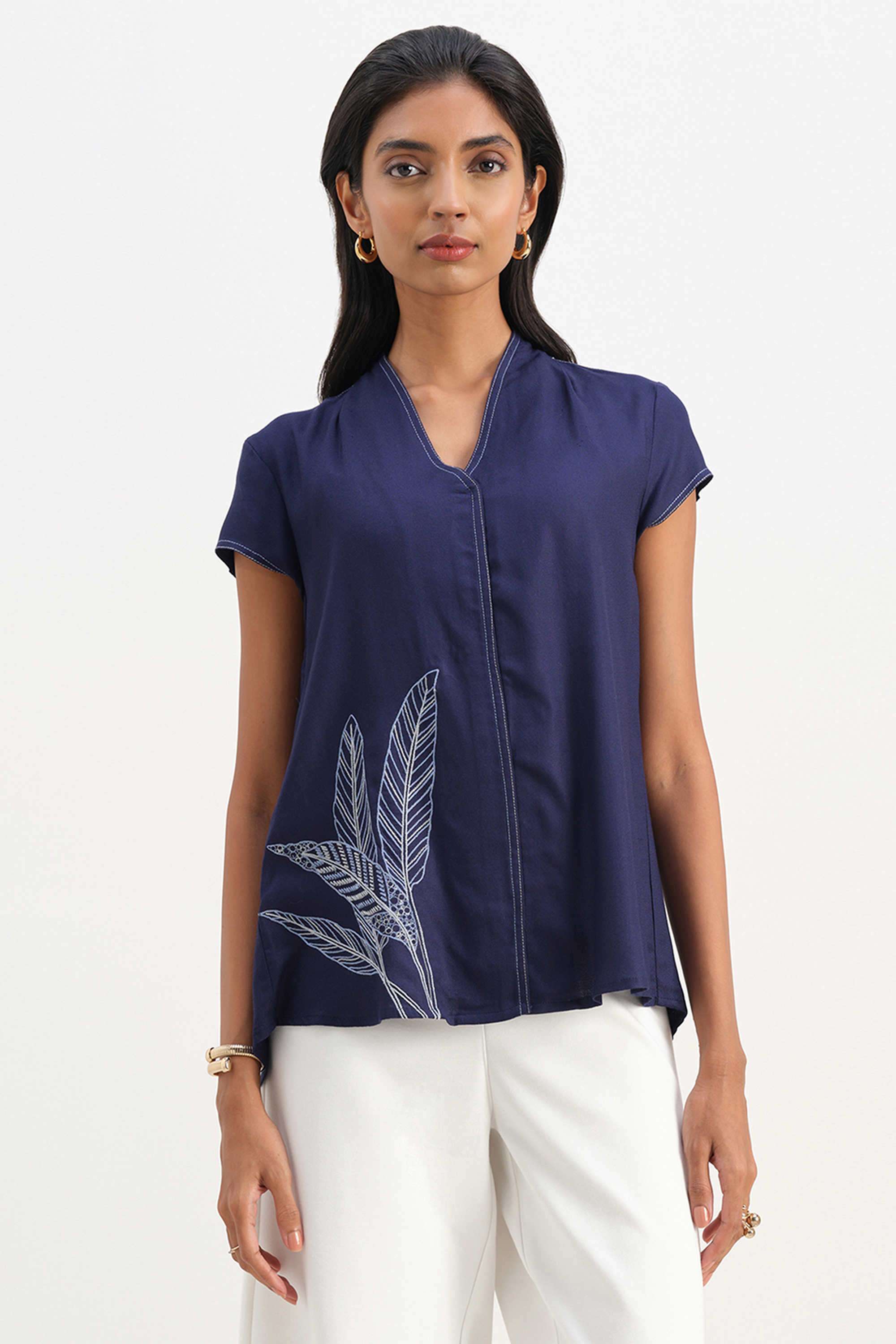 Floral-Viscose-V-Neck-Women-s-Top