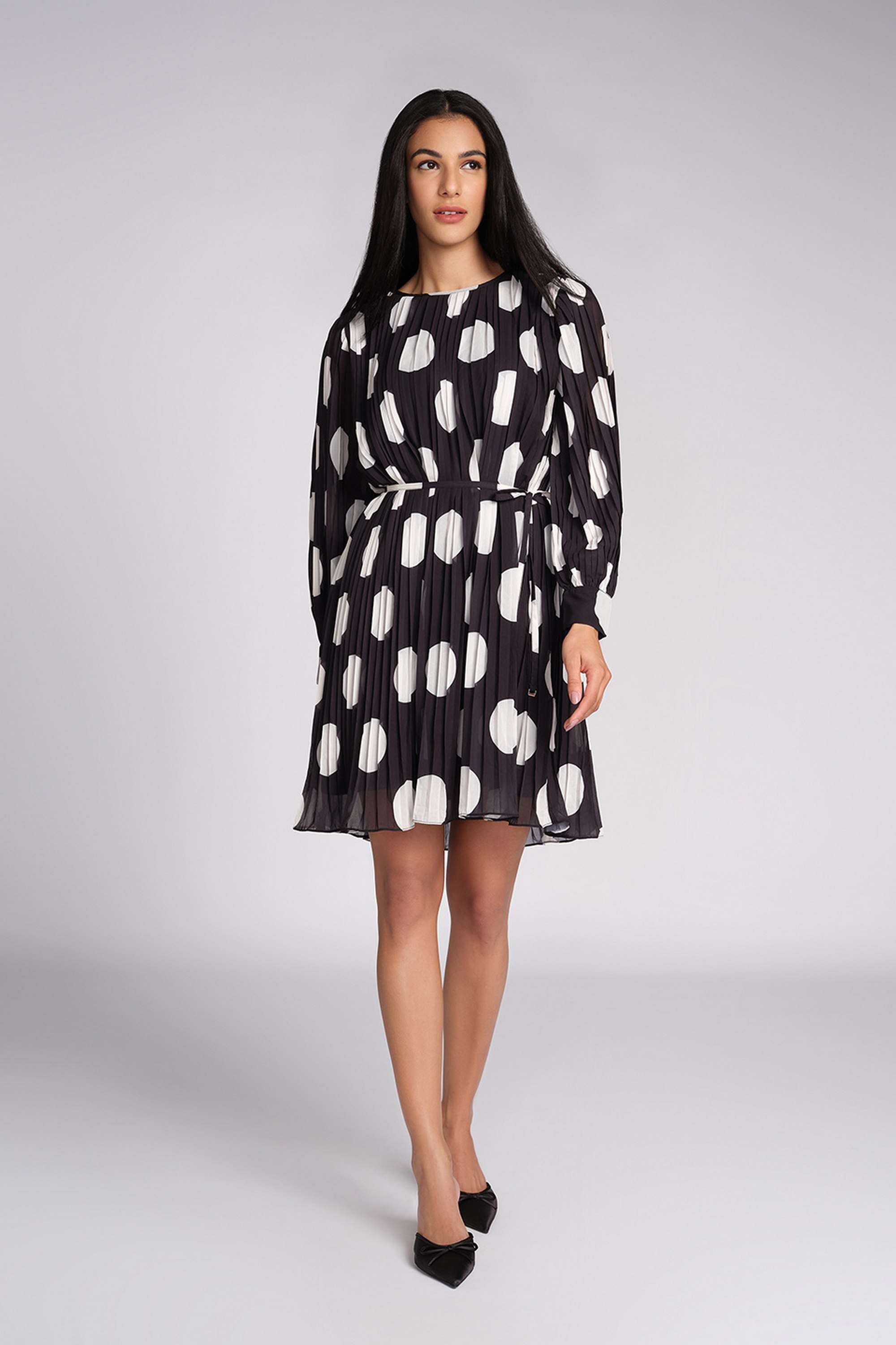 Polka-Dots-Round-Neck-Polyester-Women-s-Knee-Length-Dress