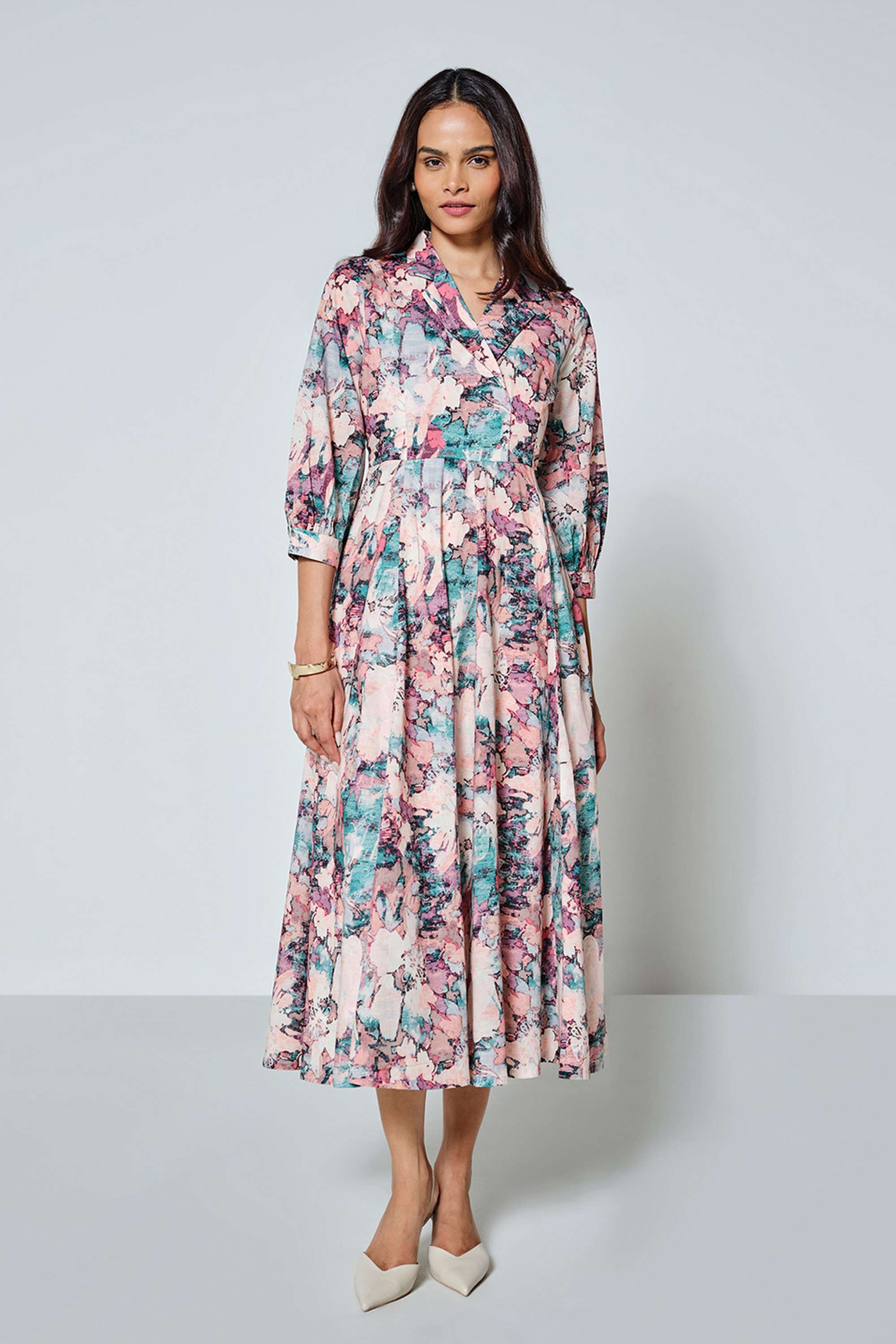Abstract-Resort-Collar-Cotton-Women-s-Calf-Length-Dress