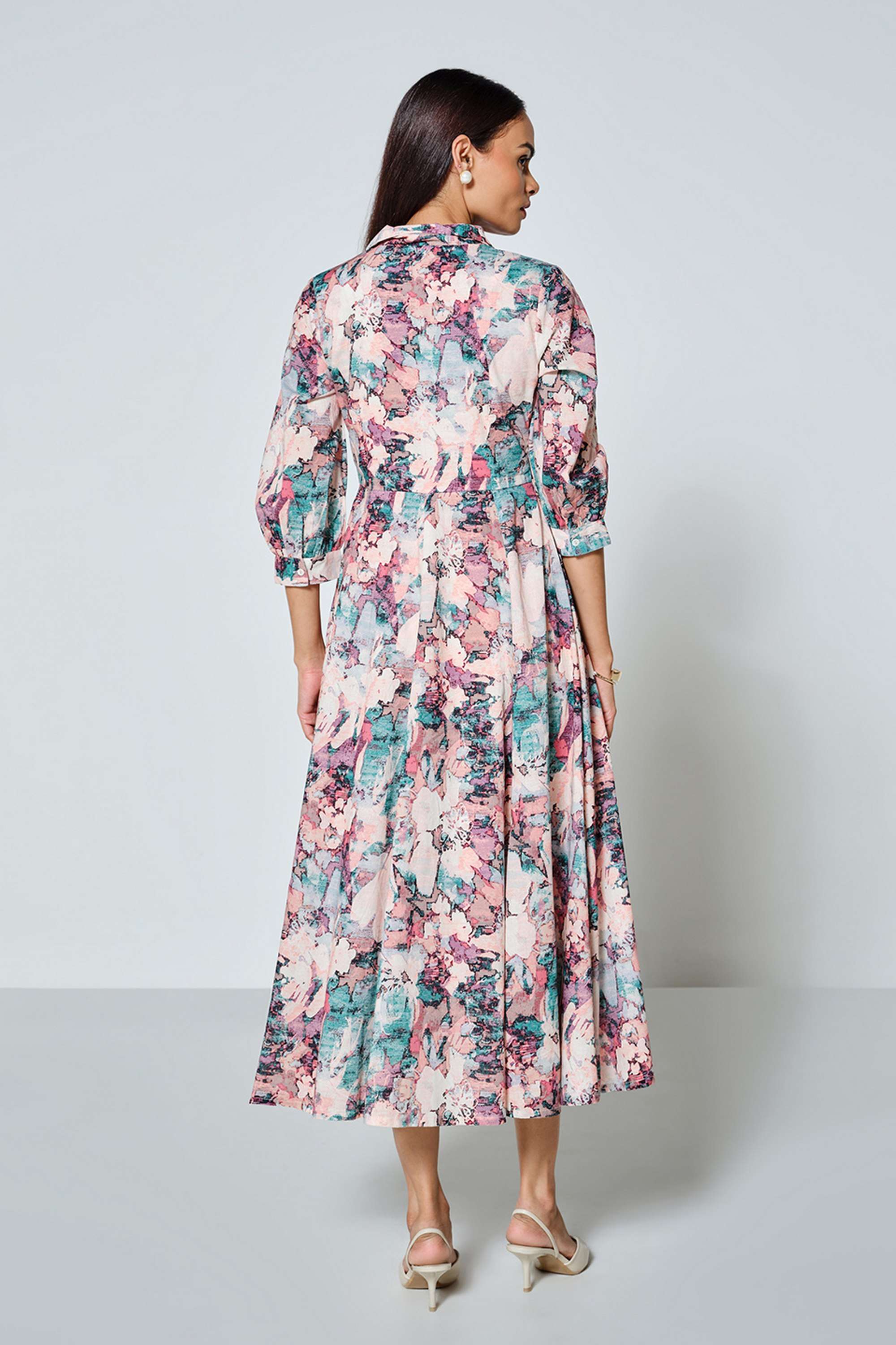 Abstract-Resort-Collar-Cotton-Women-s-Calf-Length-Dress