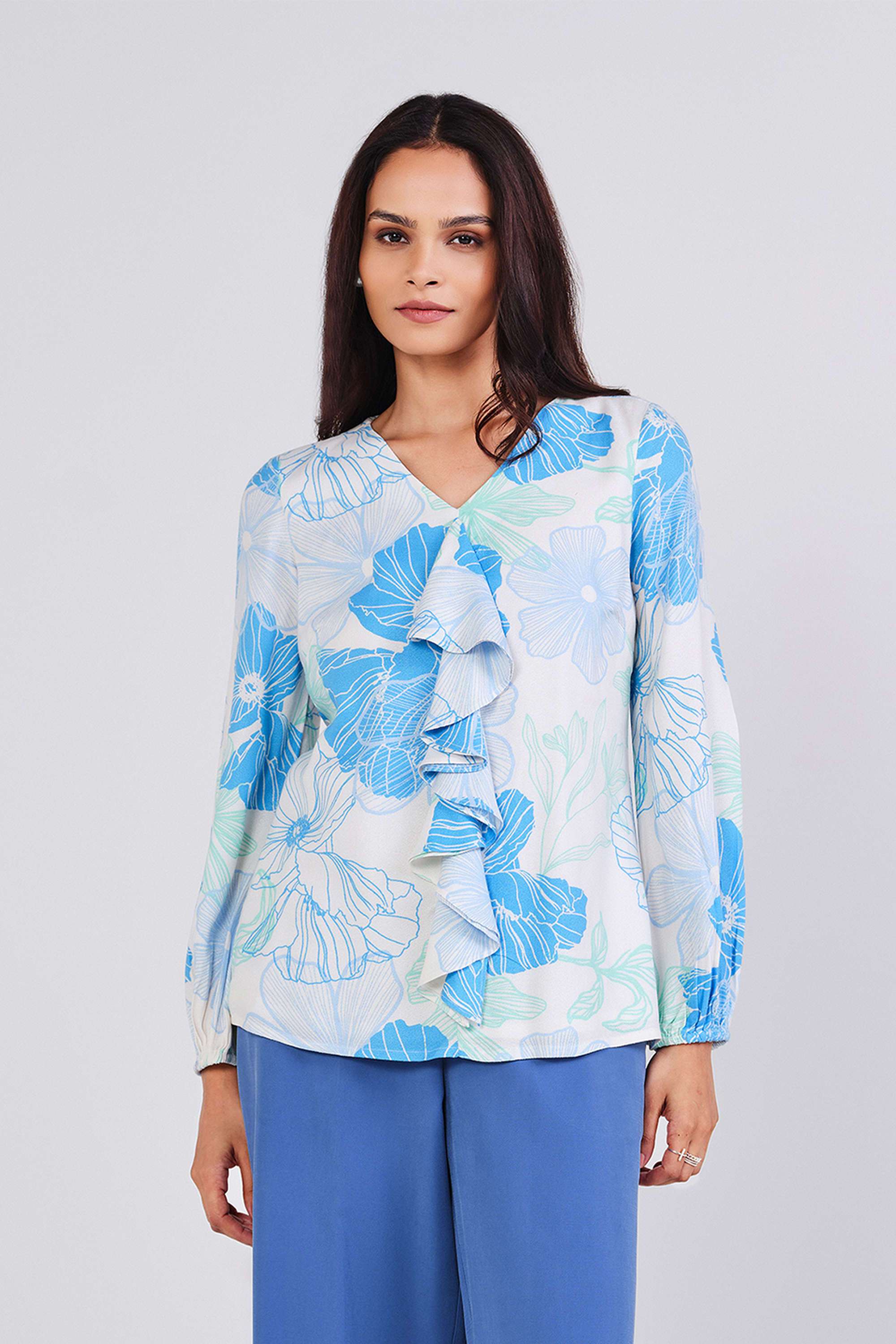 Printed-Polyester-V-Neck-Women-s-Top