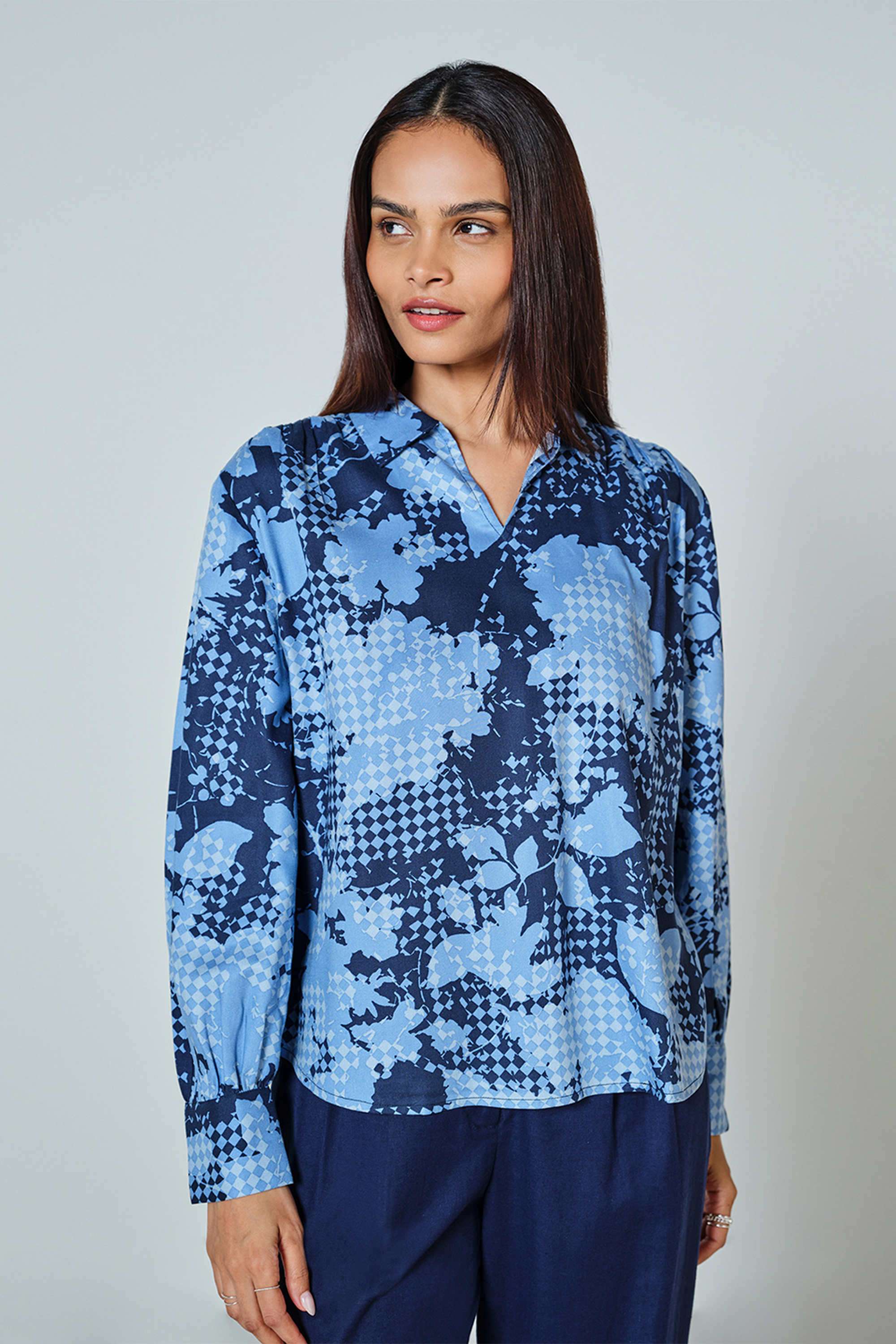 Floral-Viscose-V-Neck-Women-s-Top