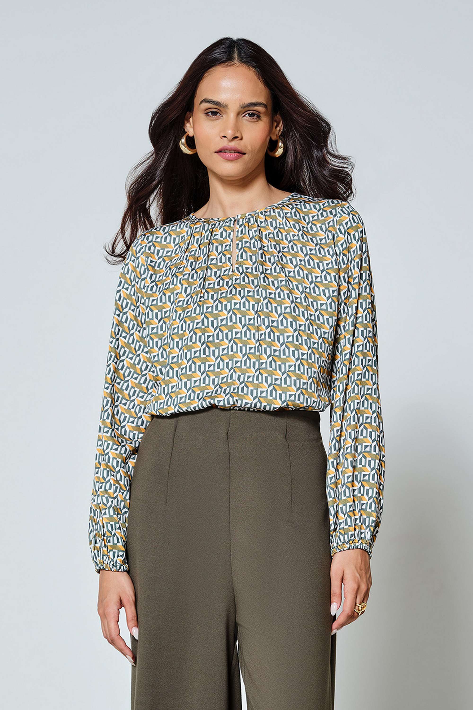 Geometric-Print-Viscose-Round-Neck-Women-s-Top
