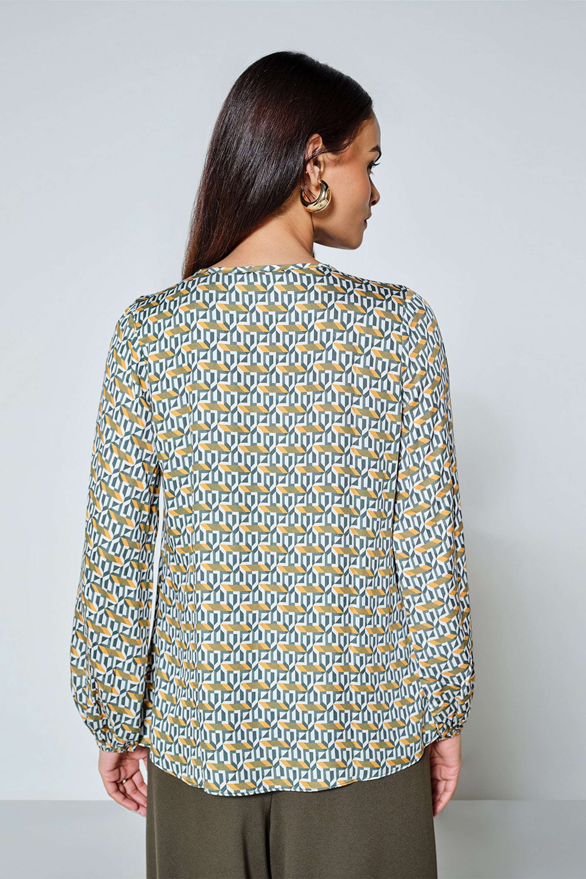 Geometric-Print-Viscose-Round-Neck-Women-s-Top