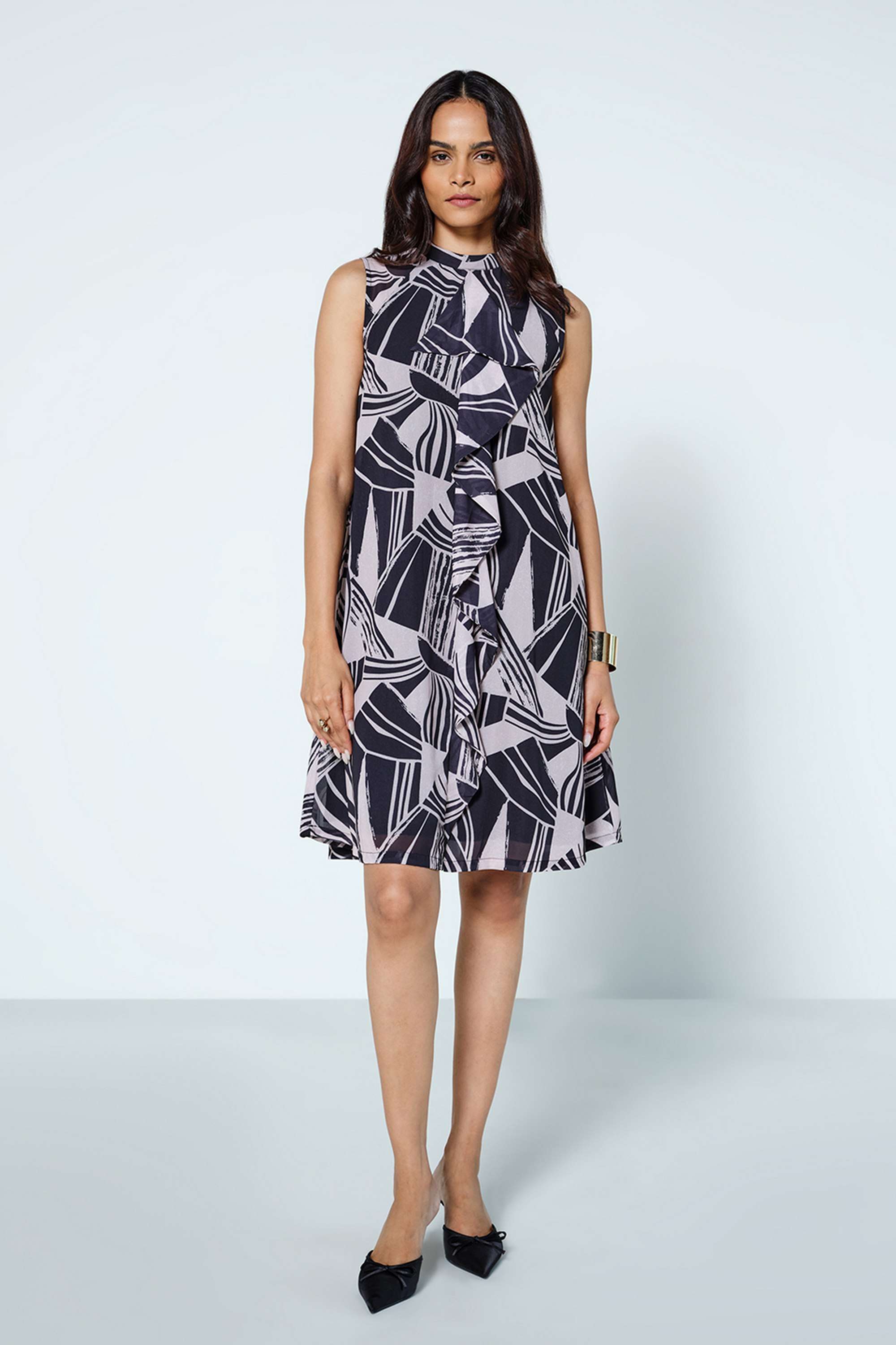 Abstract-Halter-Neck-Polyester-Women-s-Knee-Length-Dress