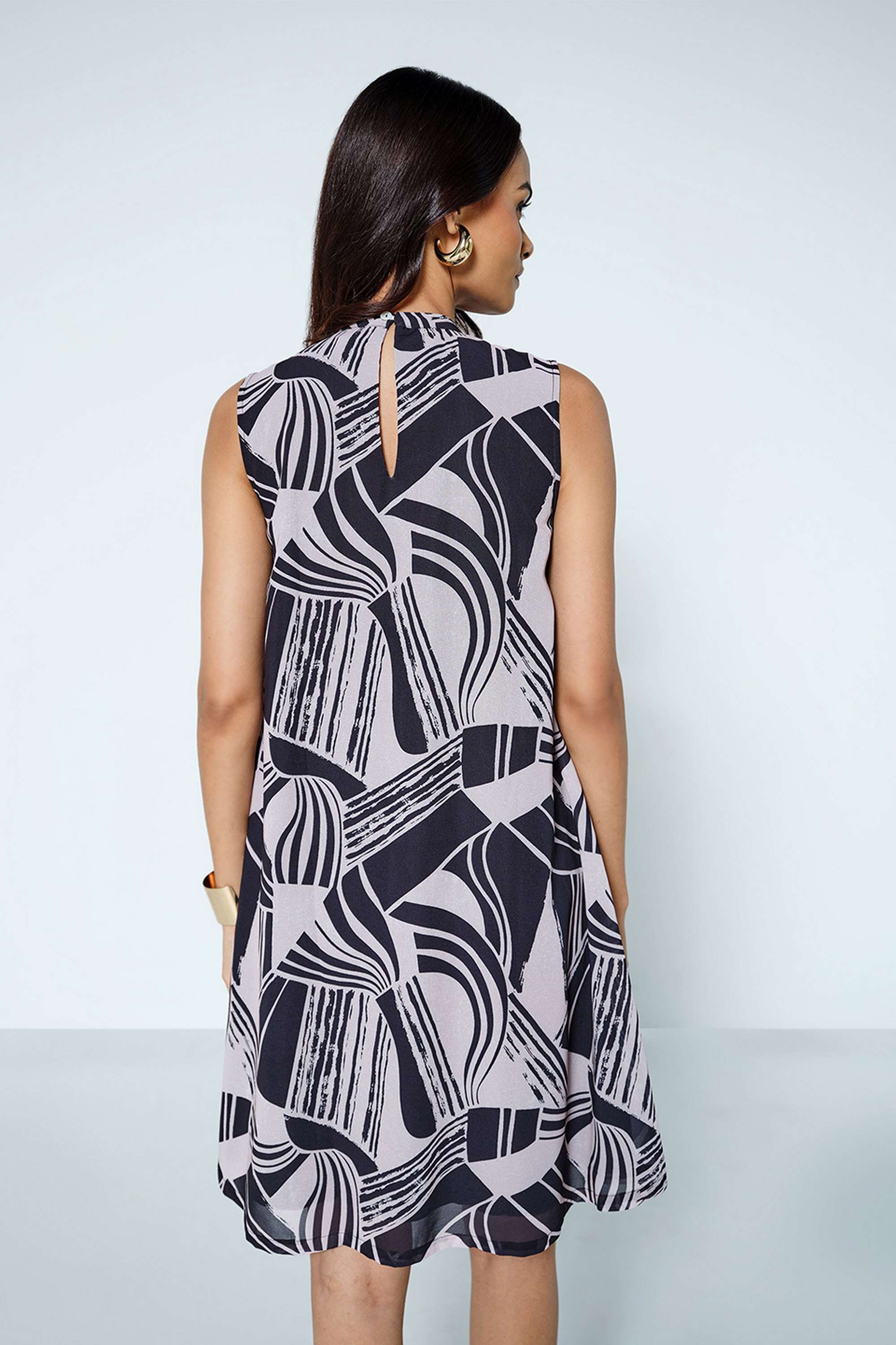 Abstract-Halter-Neck-Polyester-Women-s-Knee-Length-Dress