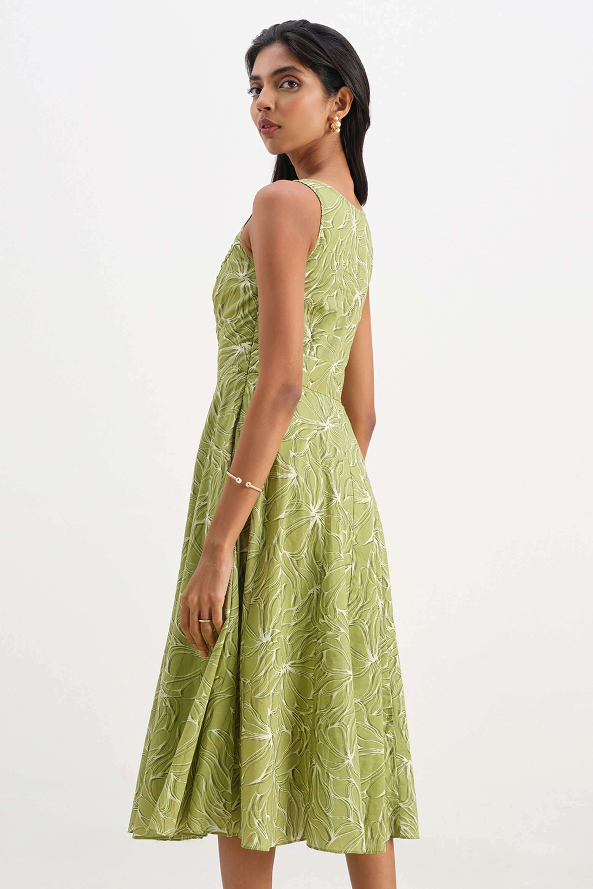 Abstract-Square-Neck-Cotton-Women-s-Calf-Length-Dress