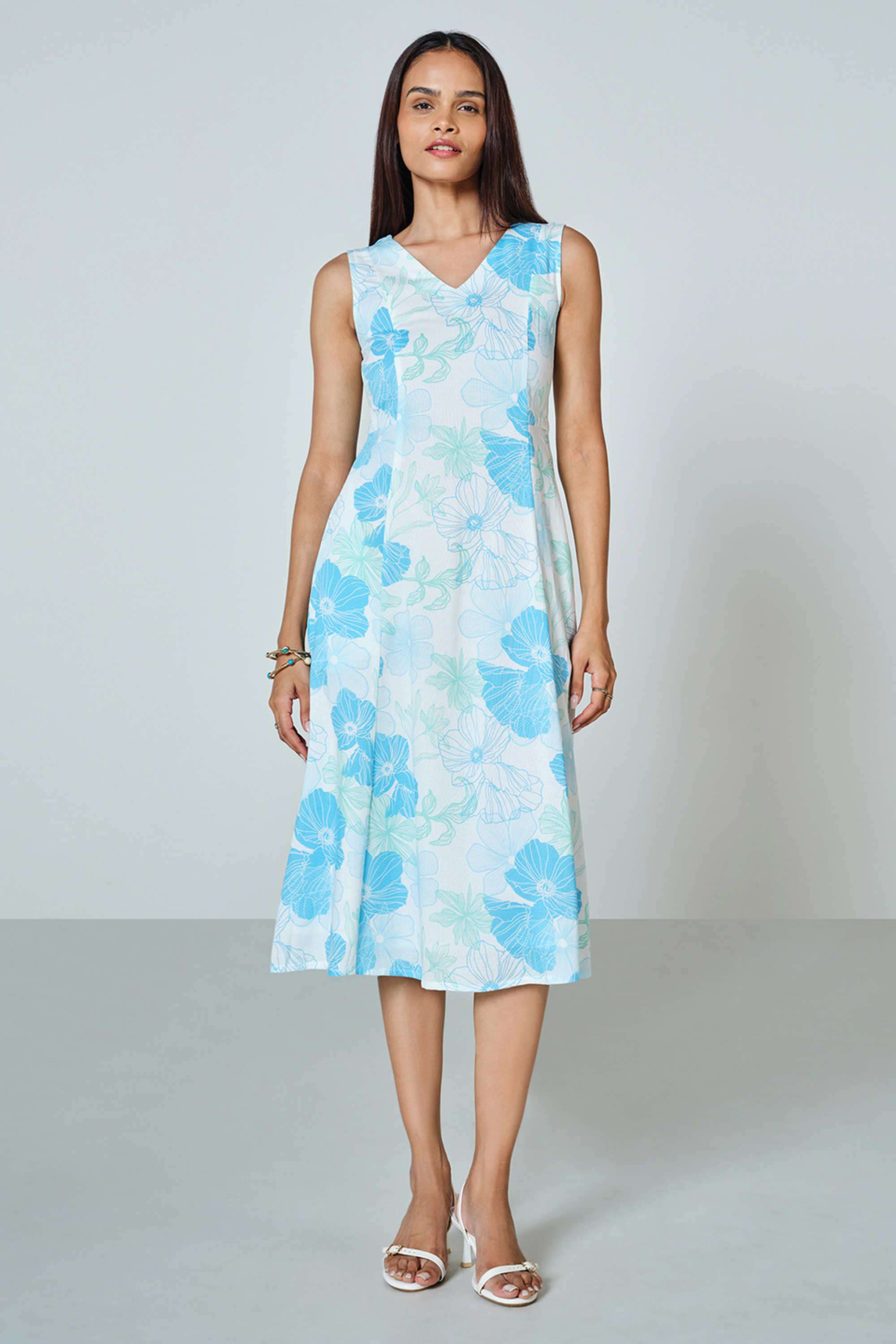 Floral-V-Neck-Blended-Fabric-Women-s-Calf-Length-Dress