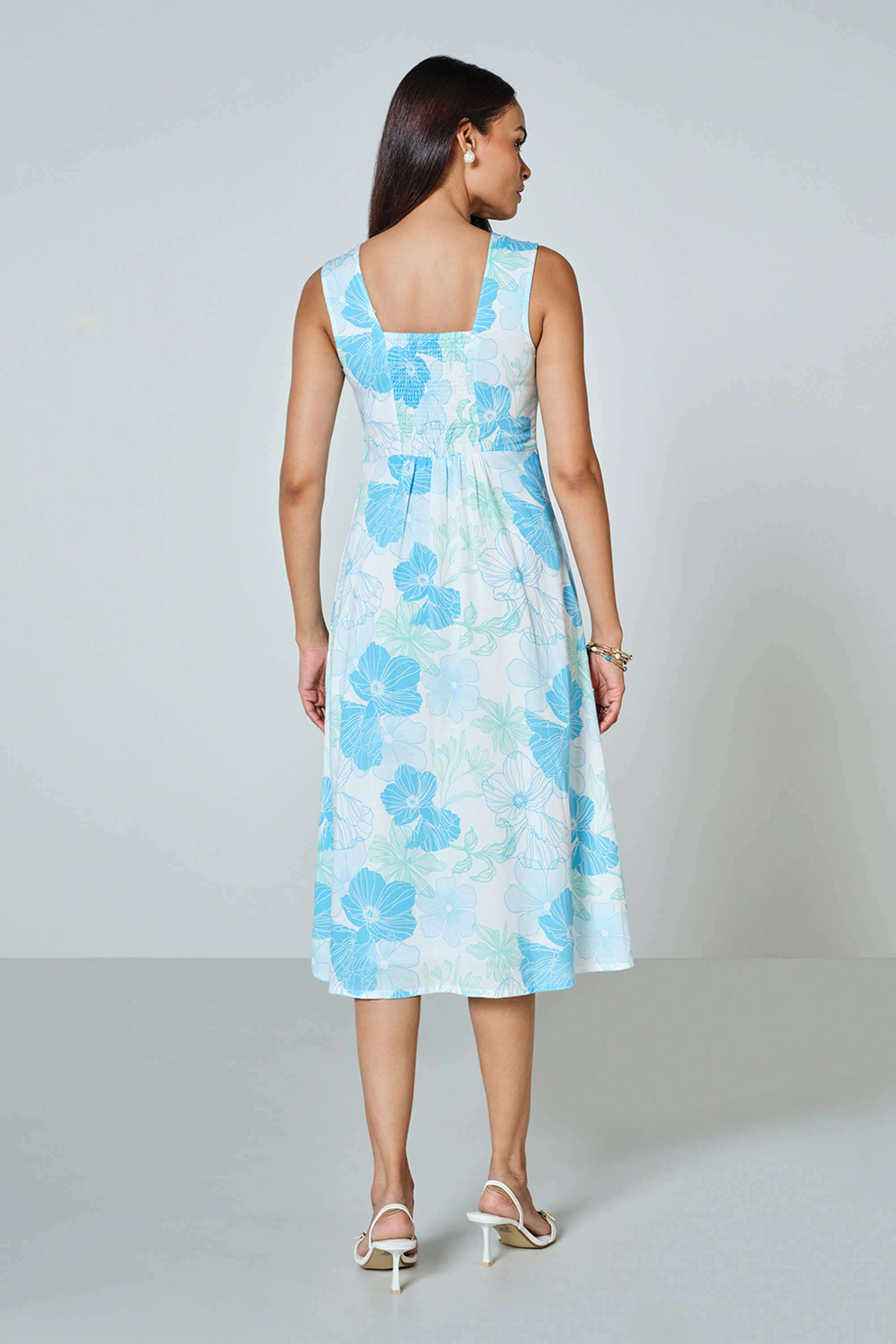 Floral-V-Neck-Blended-Fabric-Women-s-Calf-Length-Dress