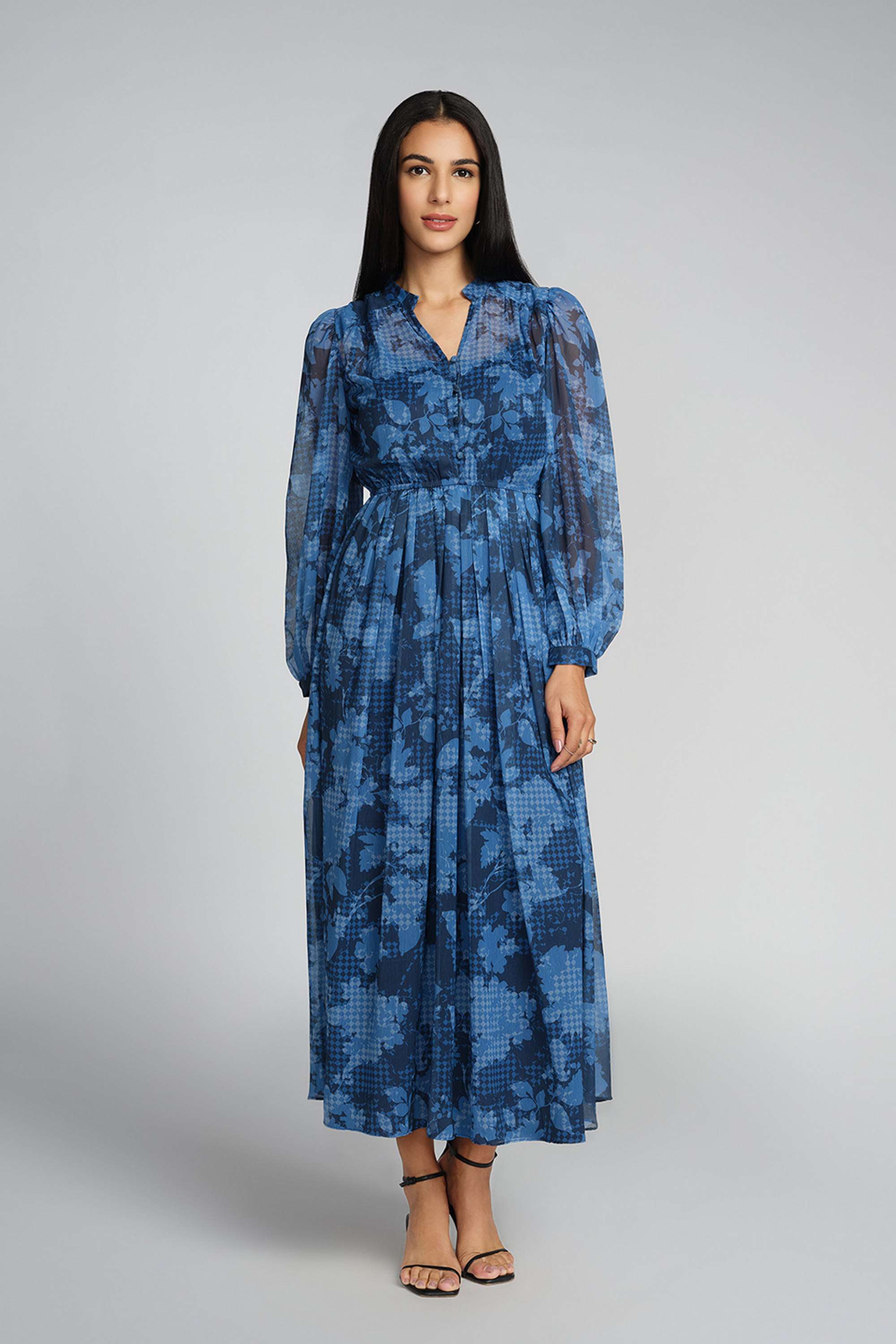 Floral-Mandarin-Collar-Polyester-Women-s-Gown