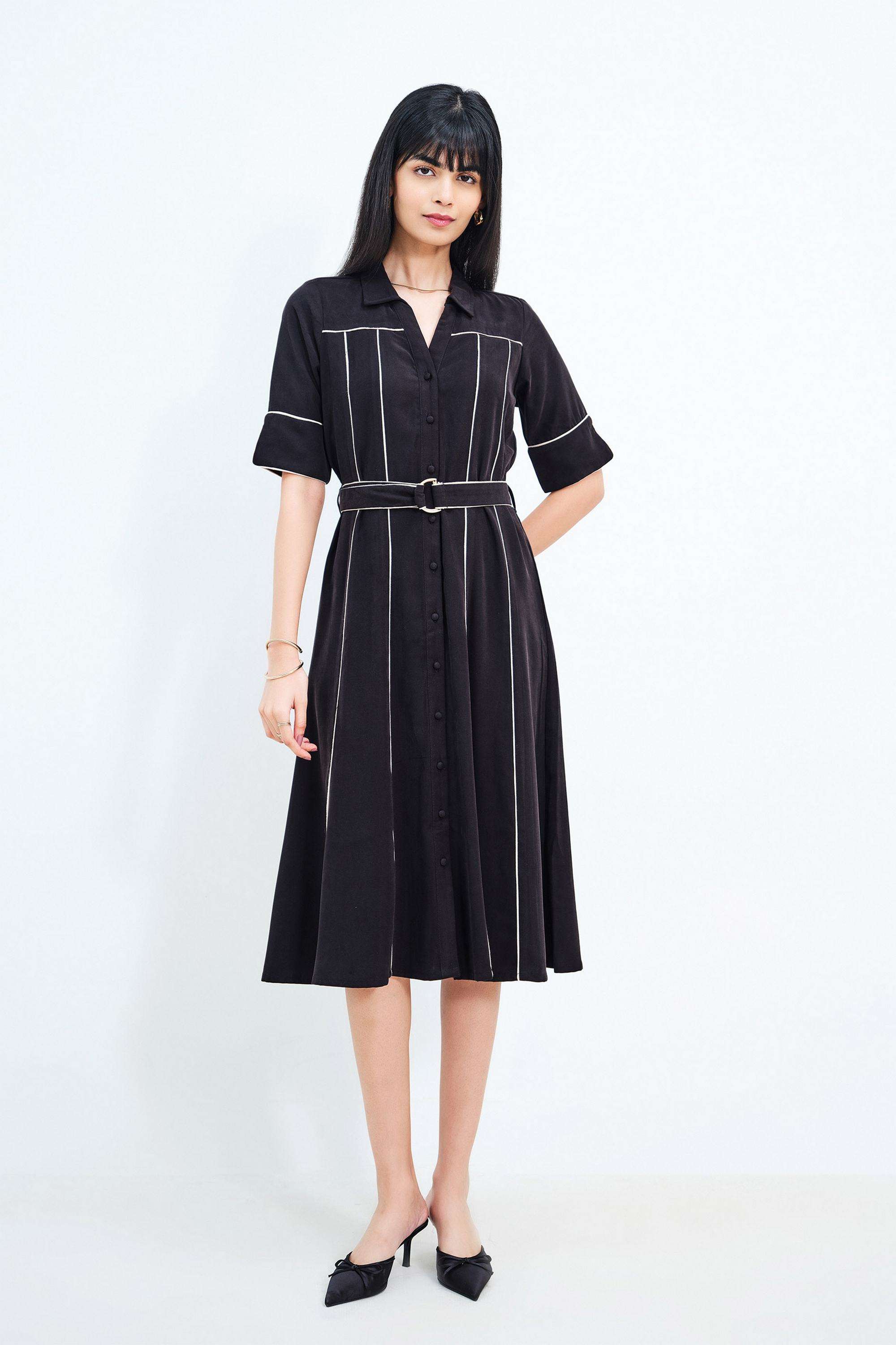 Solid-Blended-Fabric-V-Neck-Women-s-Dress