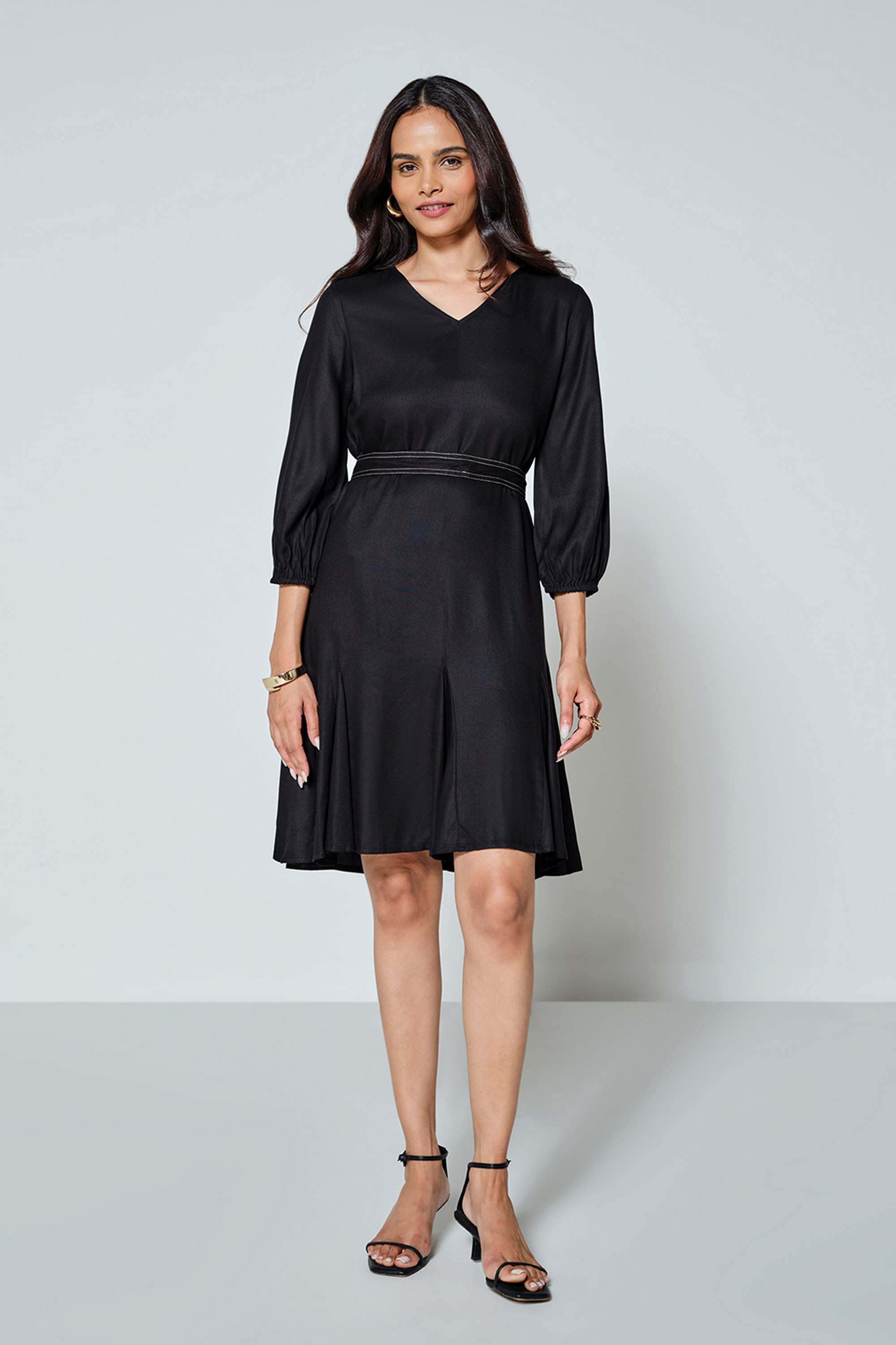 Solid-V-Neck-Viscose-Women-s-Knee-Length-Dress