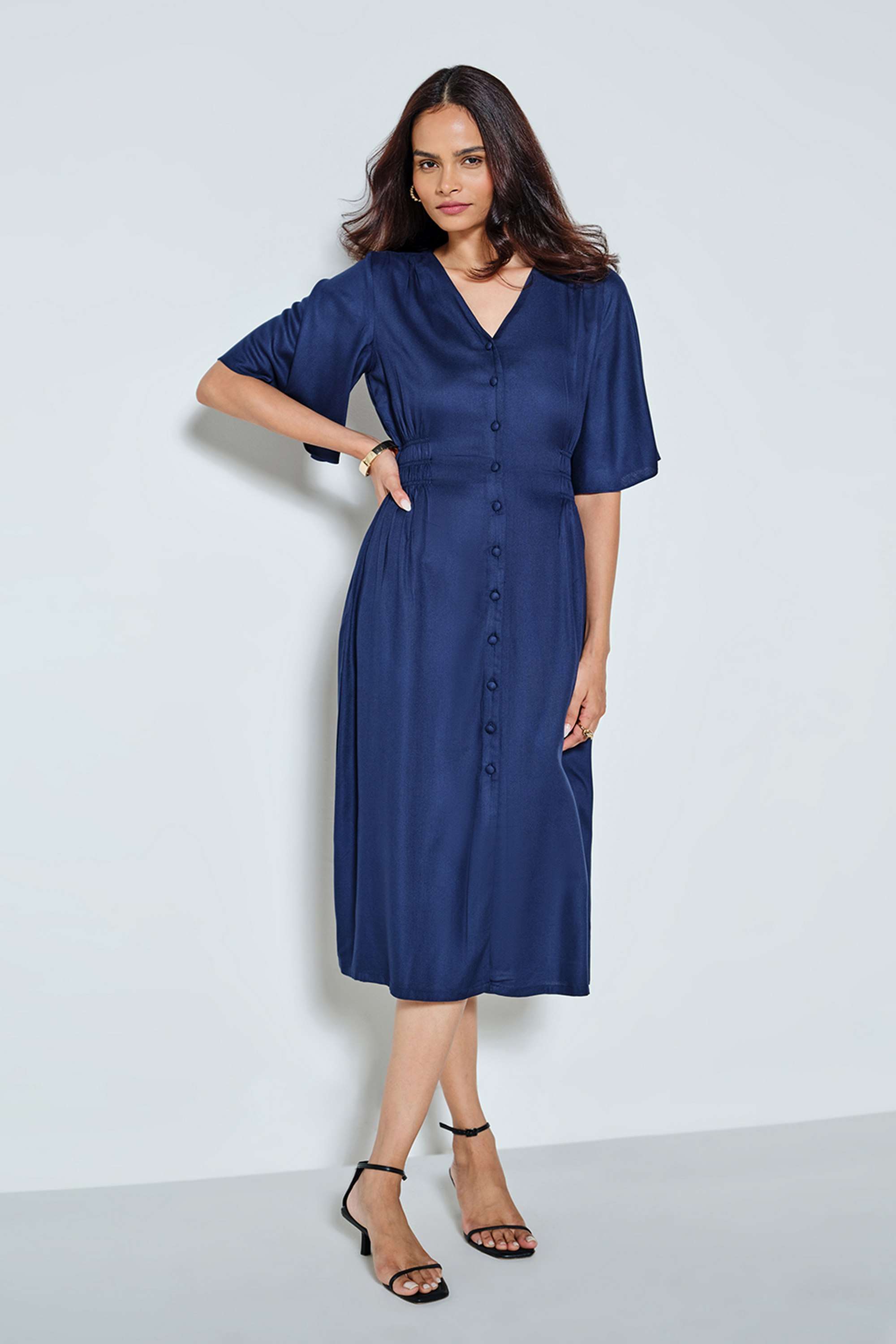 Solid-V-Neck-Viscose-Women-s-Calf-Length-Dress