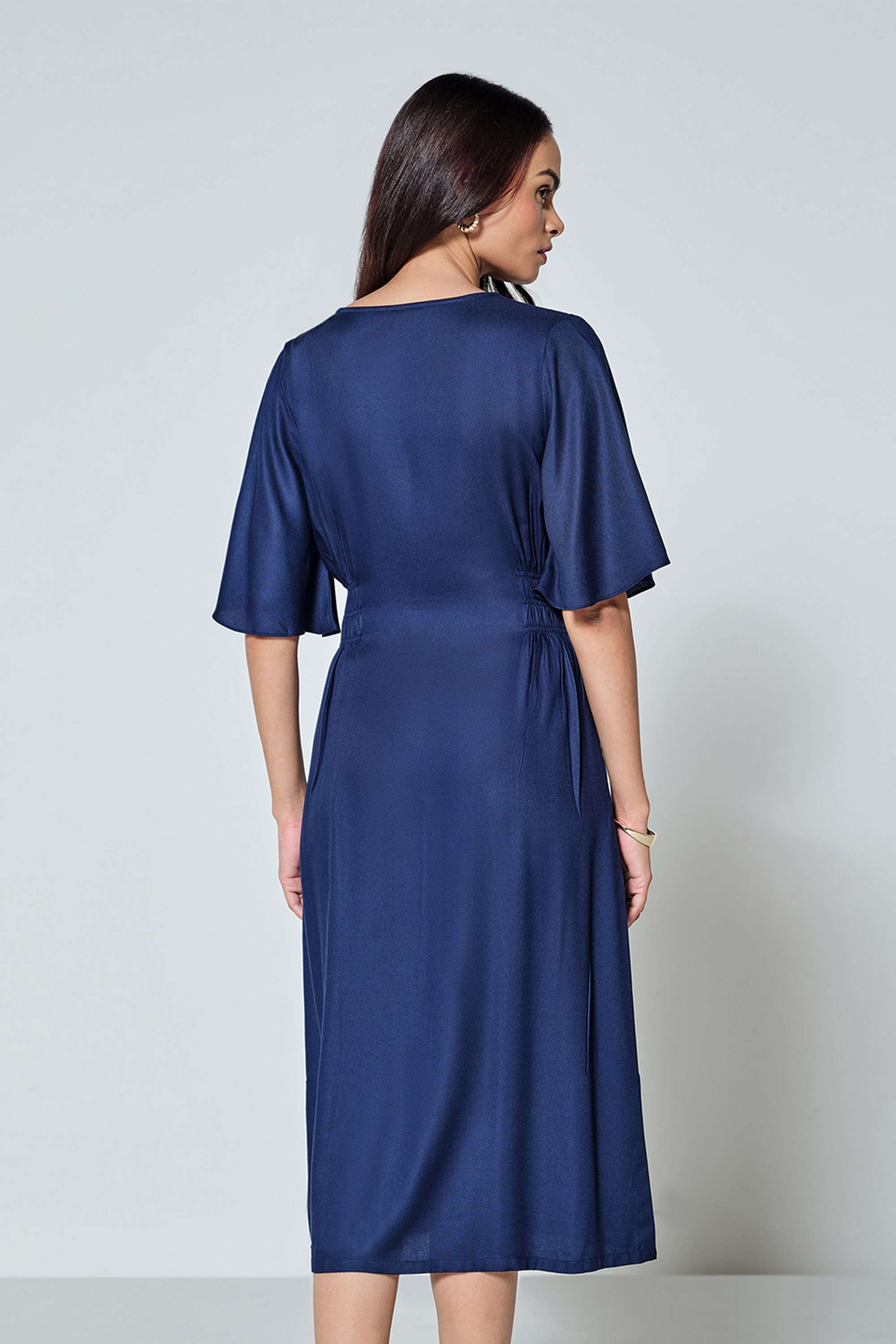 Solid-V-Neck-Viscose-Women-s-Calf-Length-Dress