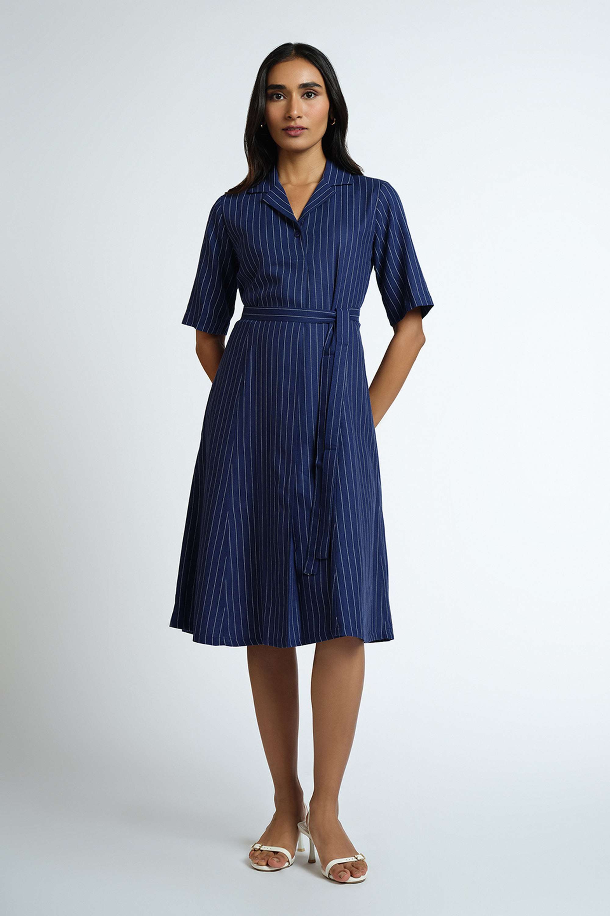 Stripes-Resort-Collar-Viscose-Blend-Women-s-Knee-Length-Dress
