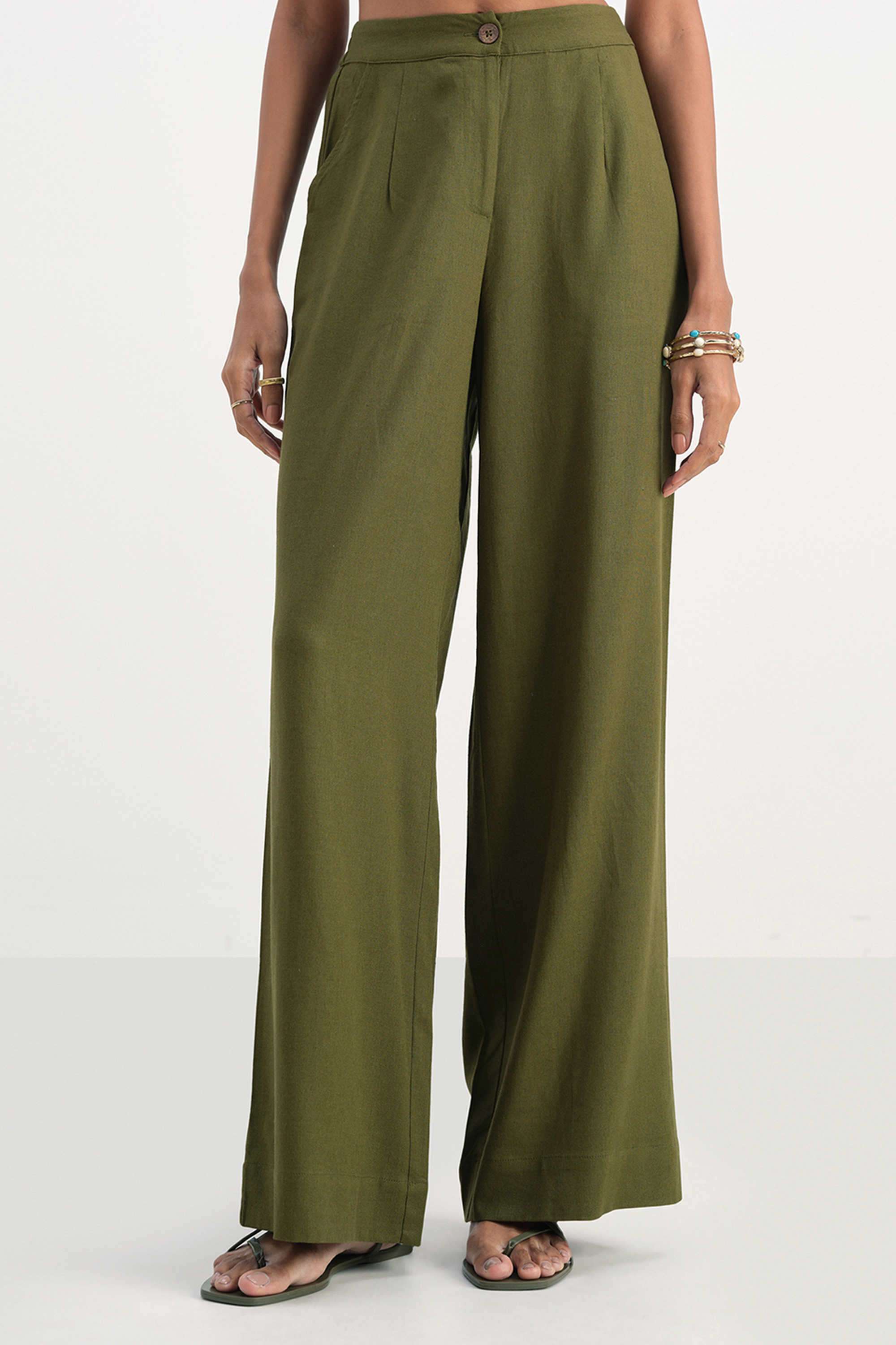 Solid-Relaxed-Fit-Blended-Fabric-Women-s-Formal-Wear-Pants