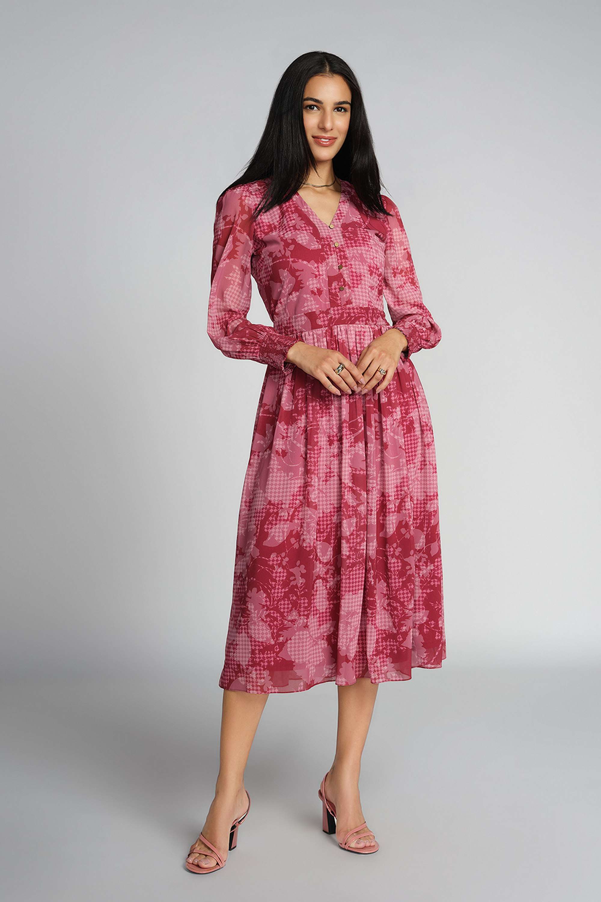 Floral-V-Neck-Polyester-Women-s-Calf-Length-Dress