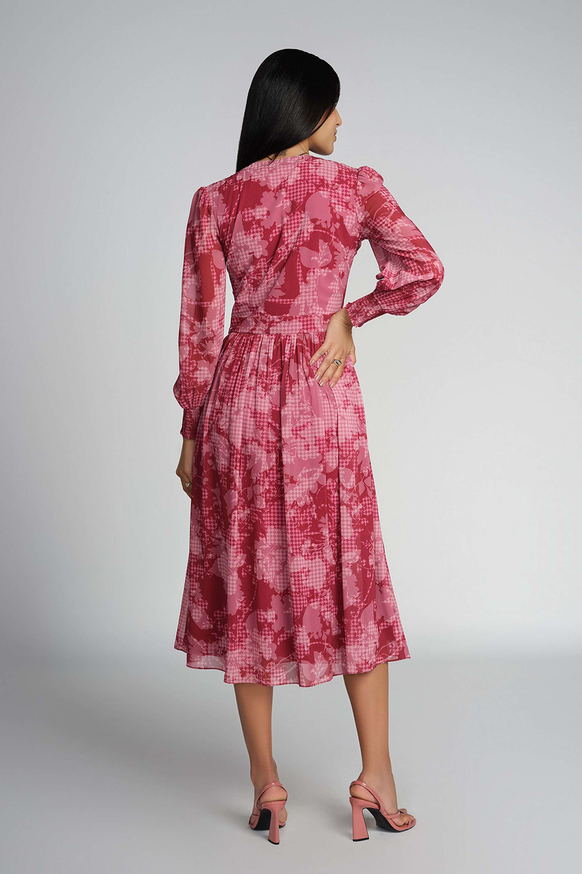 Floral-V-Neck-Polyester-Women-s-Calf-Length-Dress