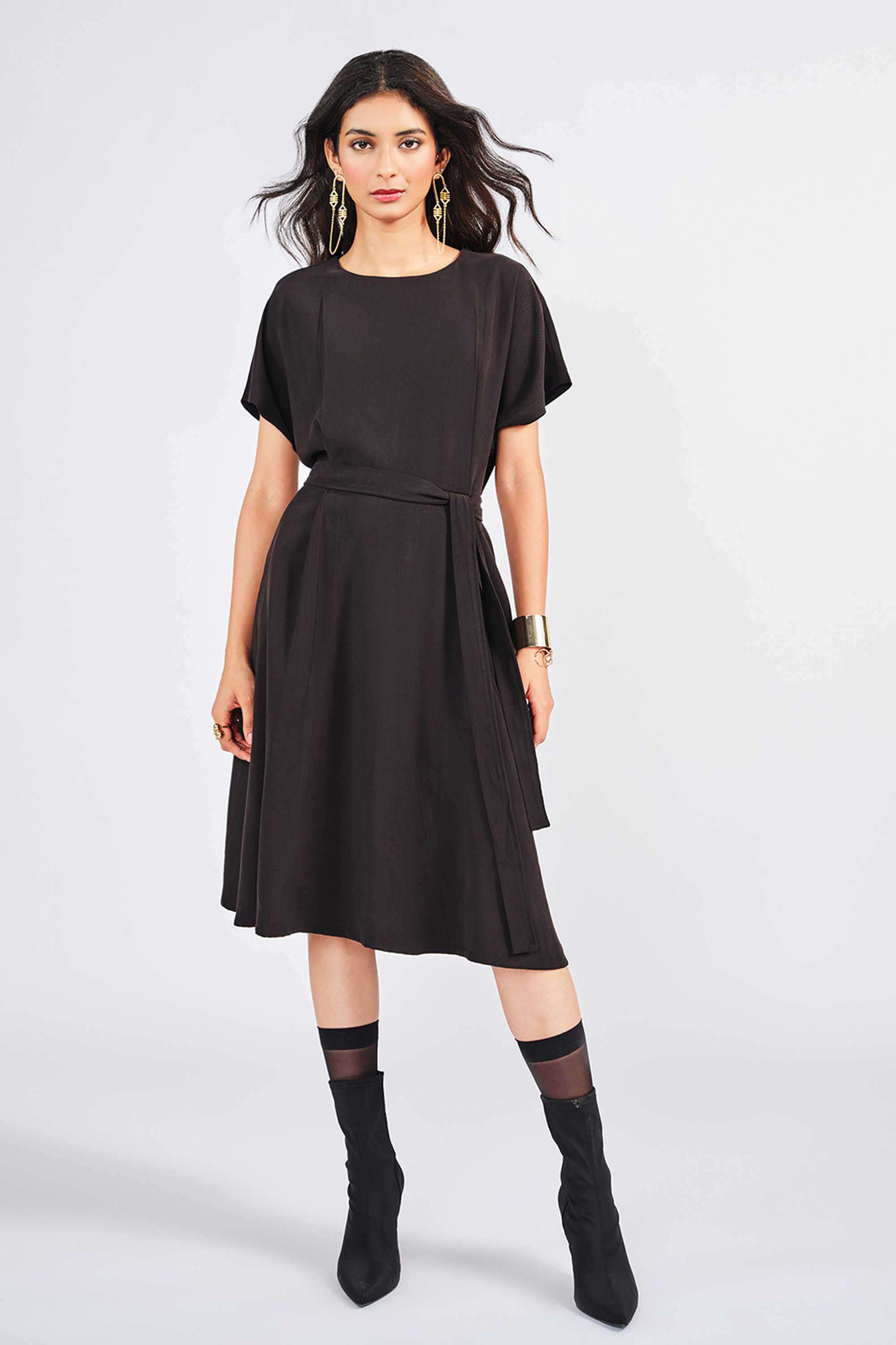 Solid-Rayon-Round-Neck-Half-Sleeves-Formal-Wear-Women-Dress