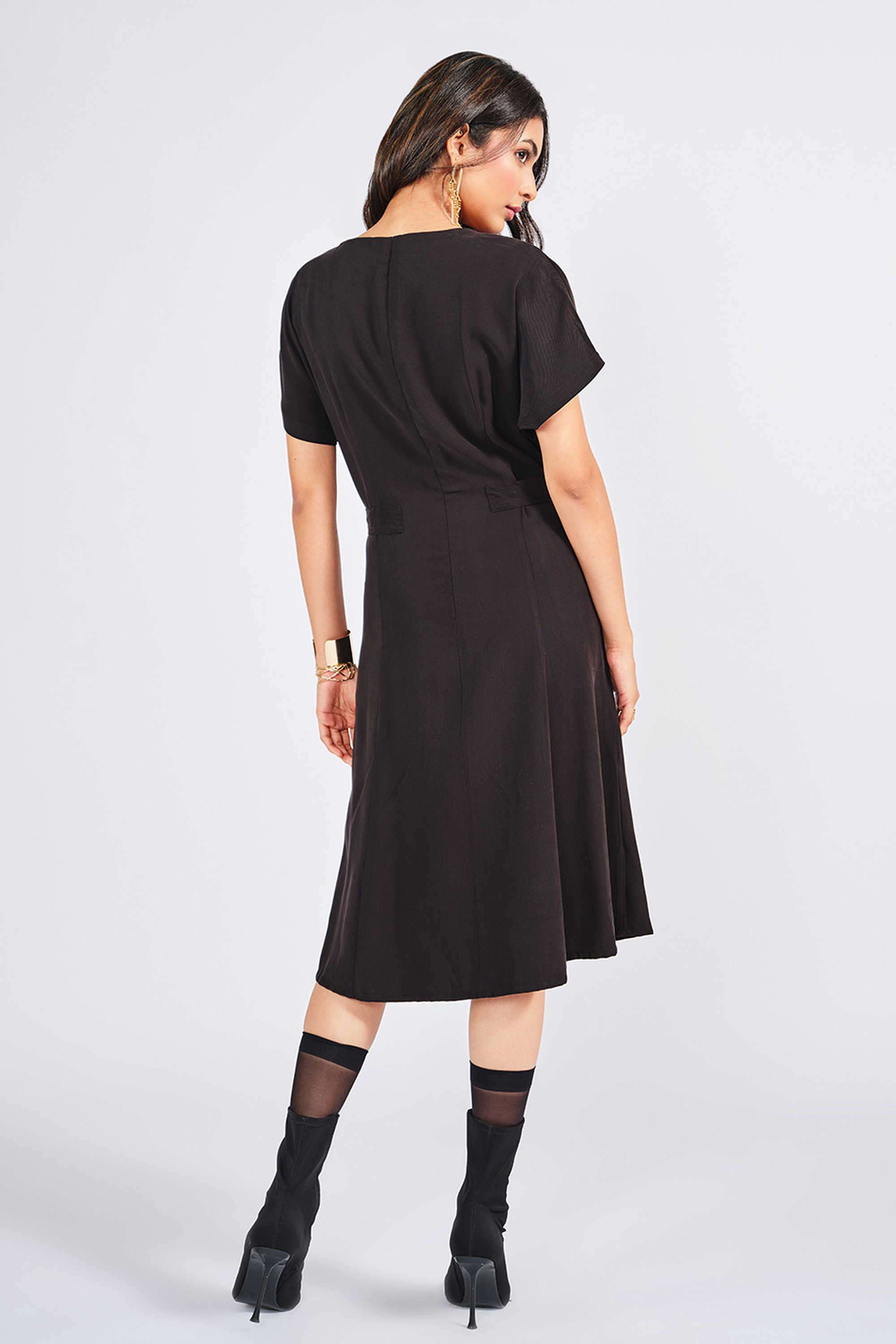 Solid-Rayon-Round-Neck-Half-Sleeves-Formal-Wear-Women-Dress