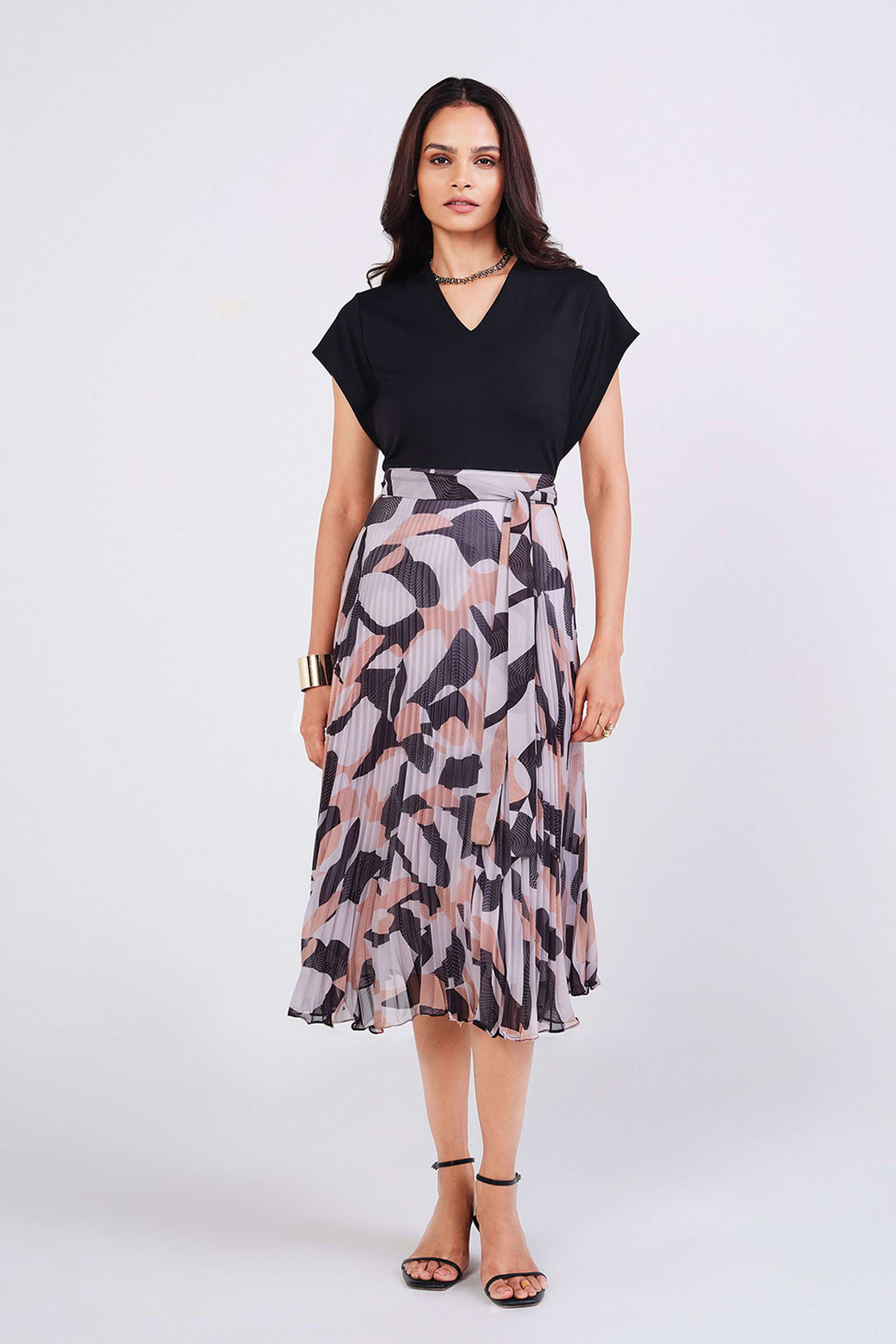 Abstract-Polyester-V-Neck-Women-s-Midi-Dress