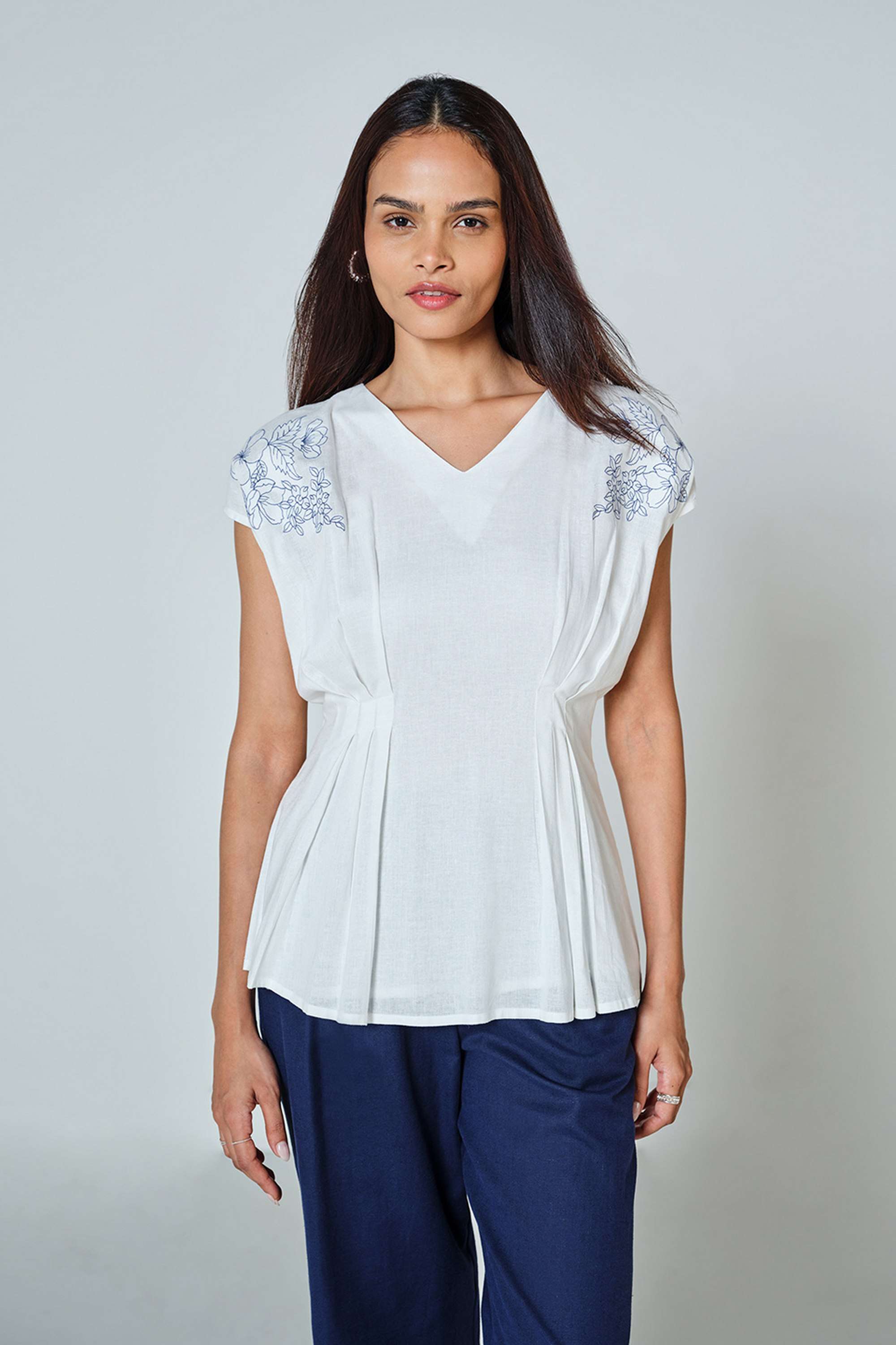 Embroidered-Lyocell-Blend-V-Neck-Women-s-Top