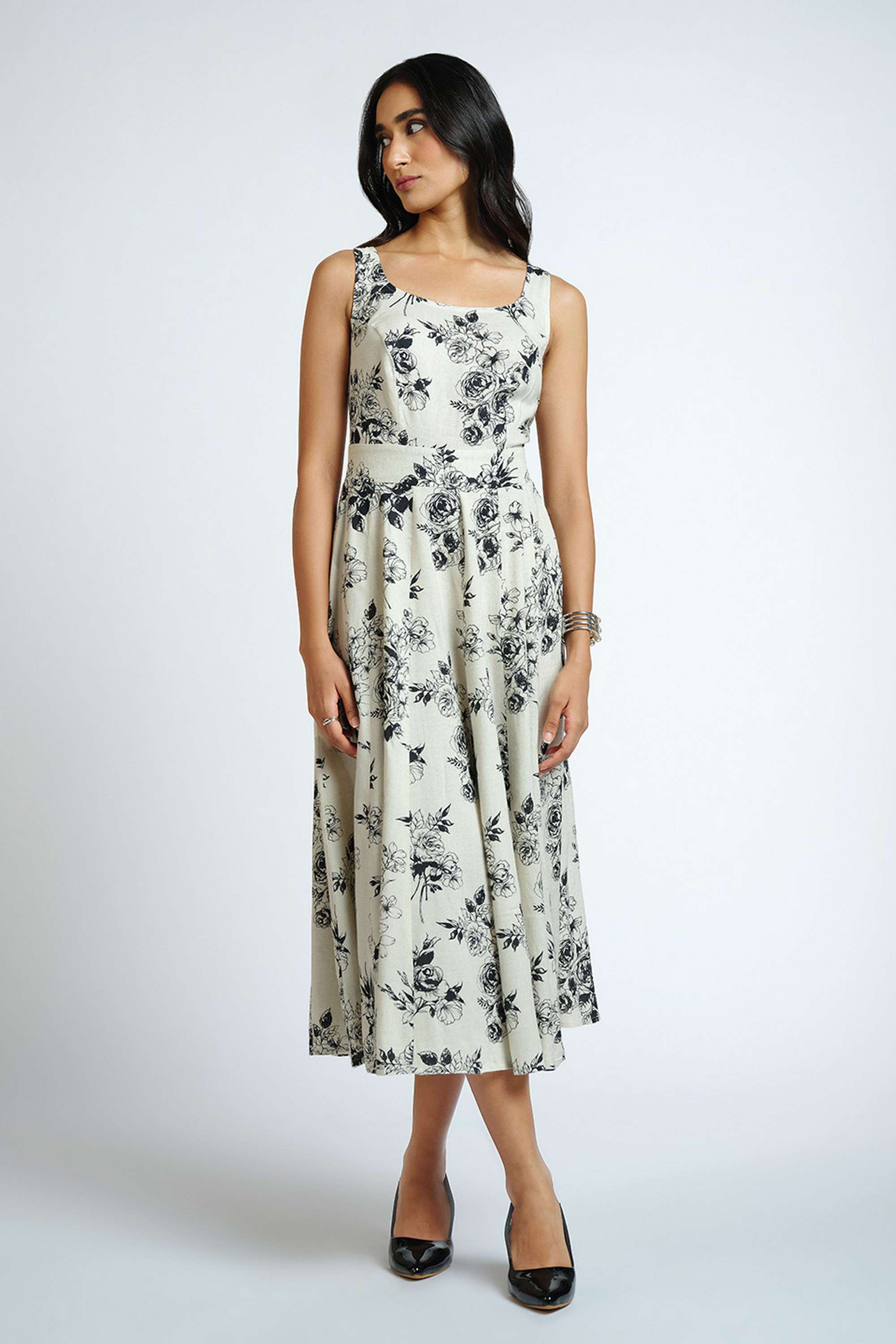 Printed-Viscose-Square-Neck-Women-s-Midi-Dress